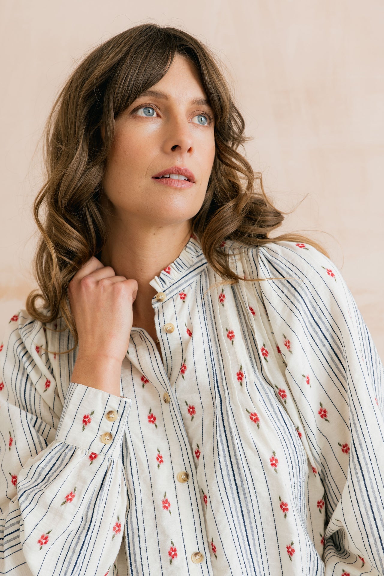 Lily & Me Flora Embroidered Stripe Blouse Ecru