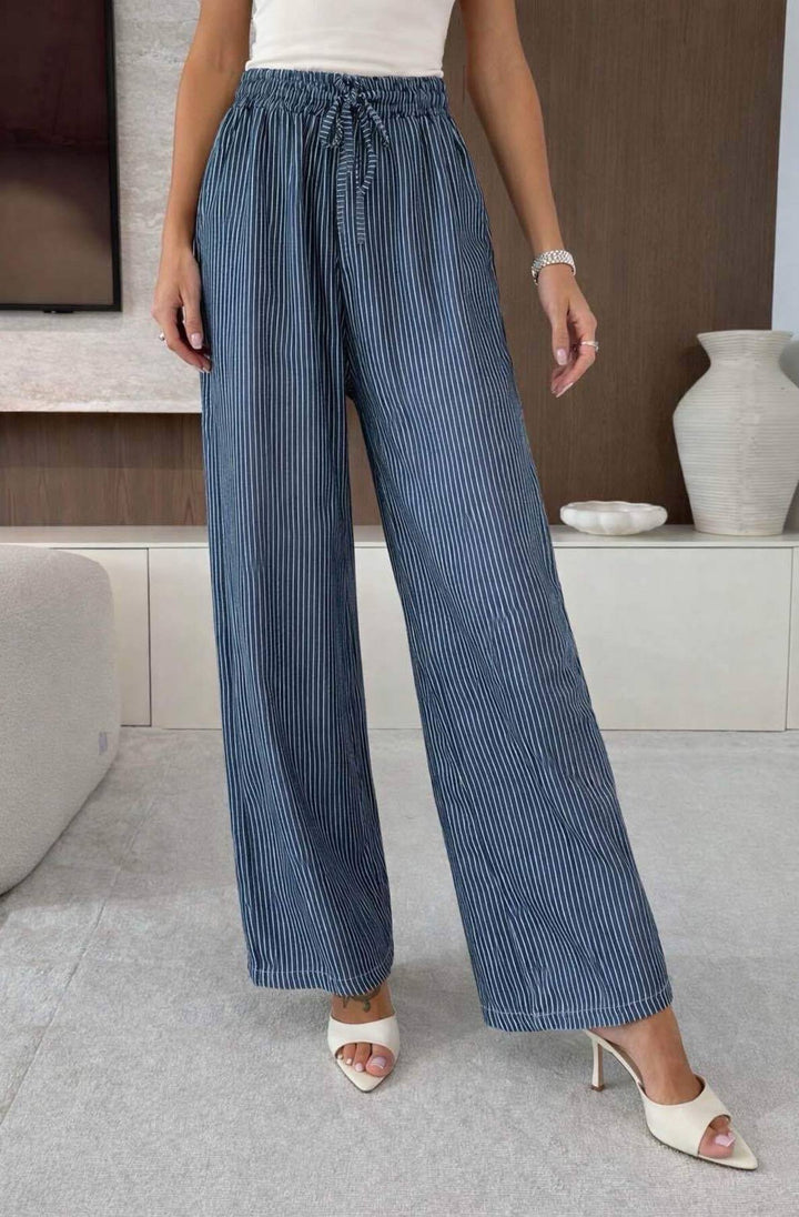 Kaylie Striped Wide Leg Pocket Trousers-Navy