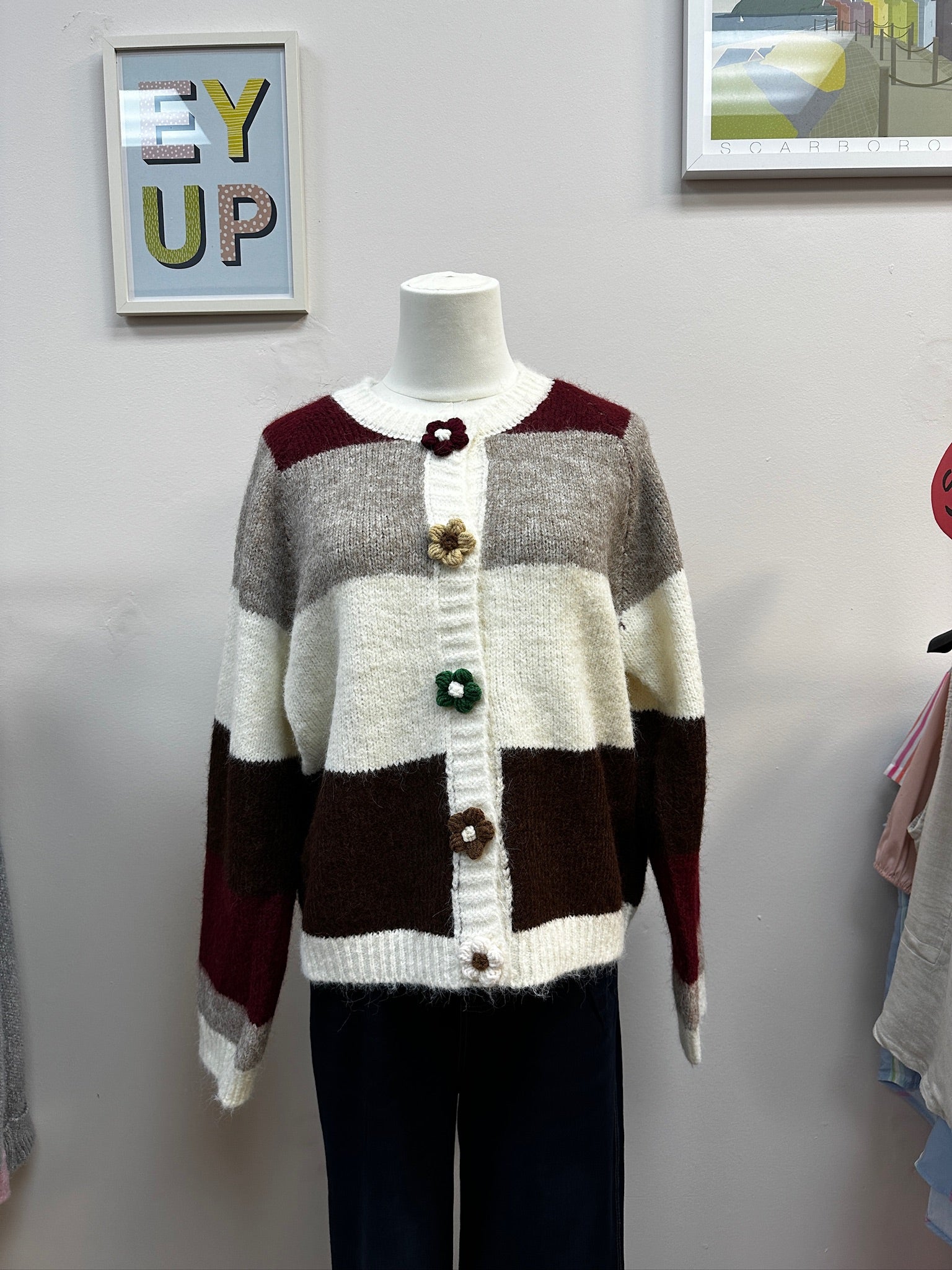 Striped Knit Flower Button Cardigan