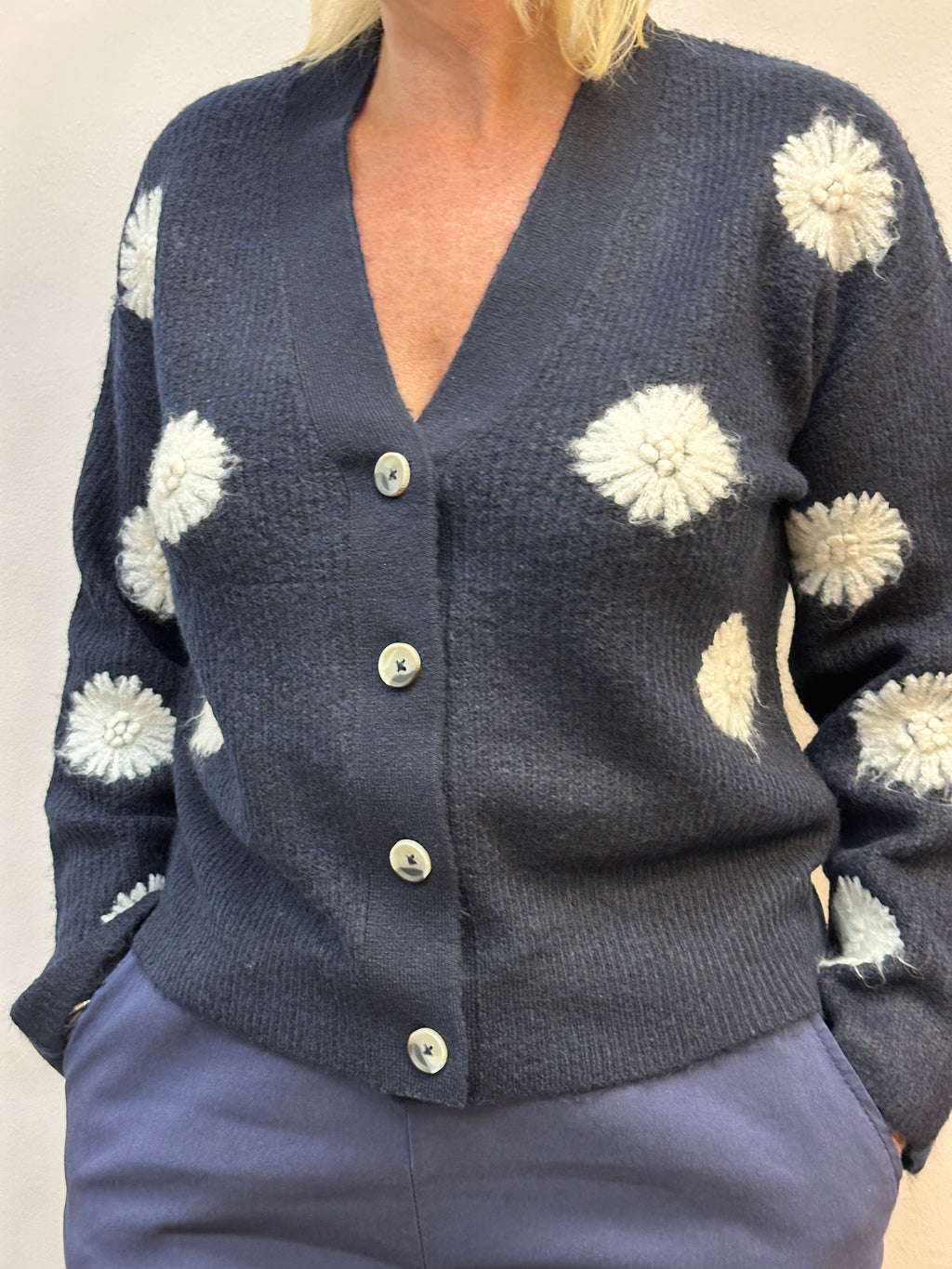 Navy Blue Straw Flower Knit Cardigan
