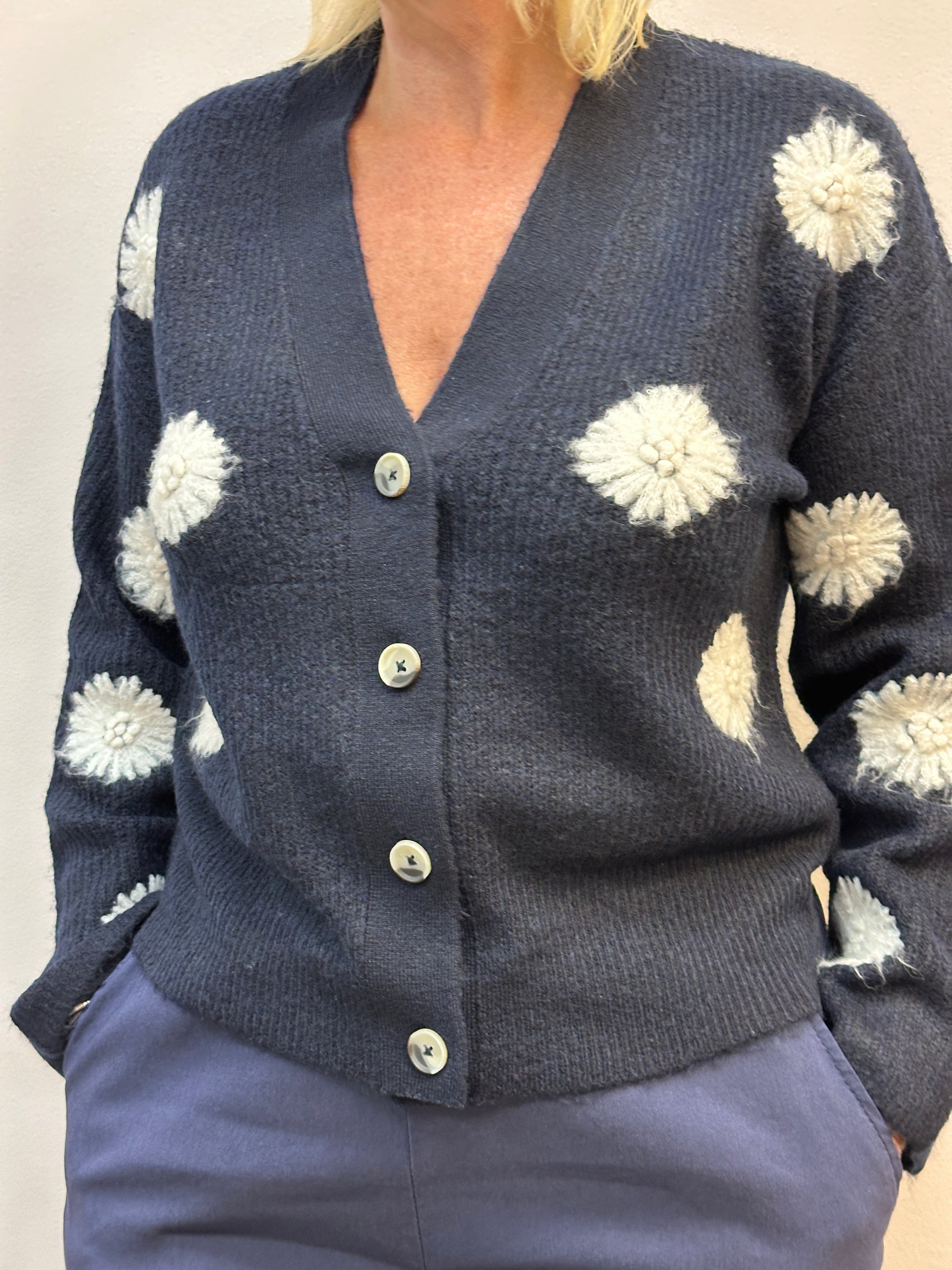 Navy Blue Straw Flower Knit Cardigan