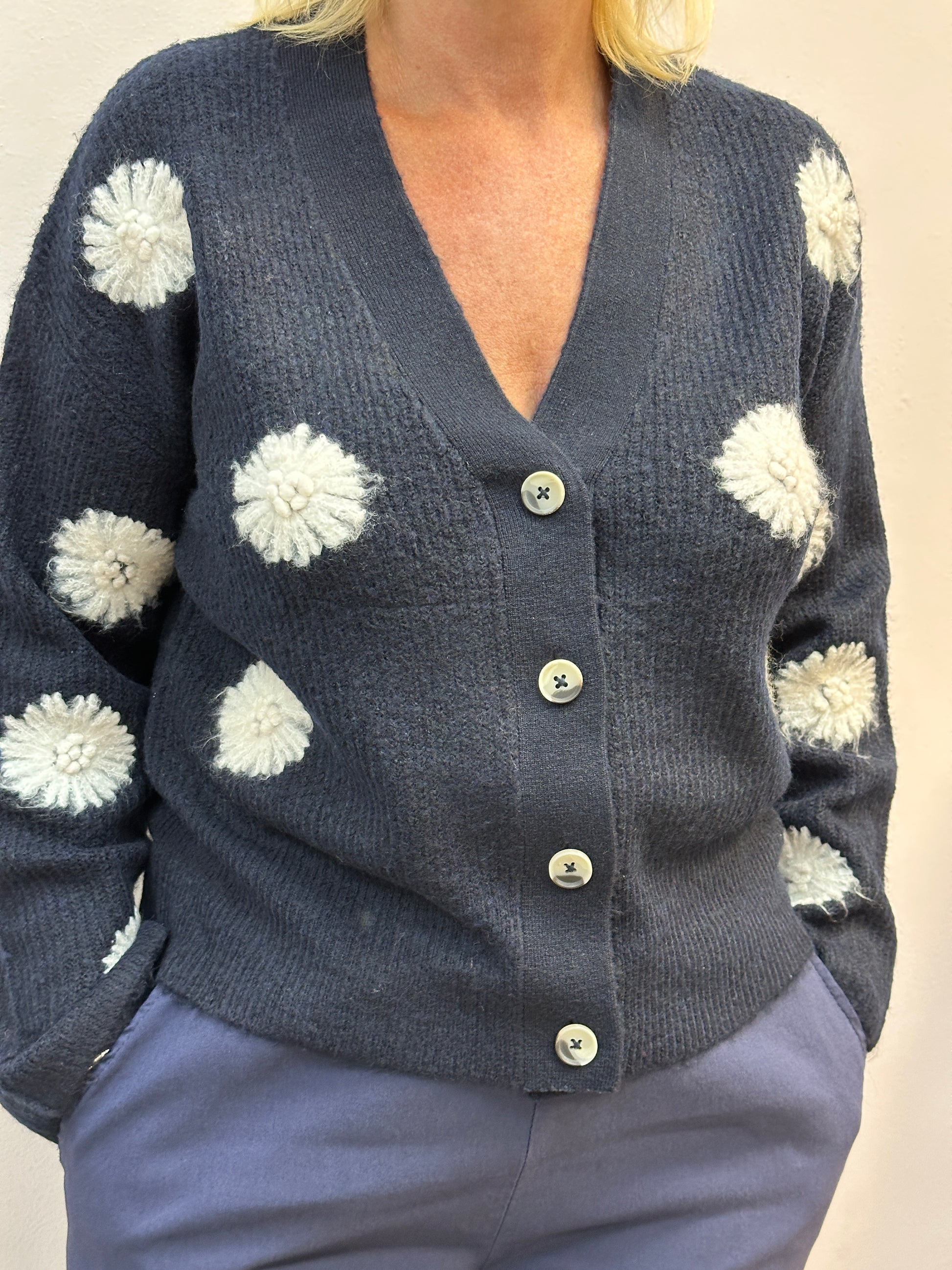 Navy Blue Straw Flower Knit Cardigan