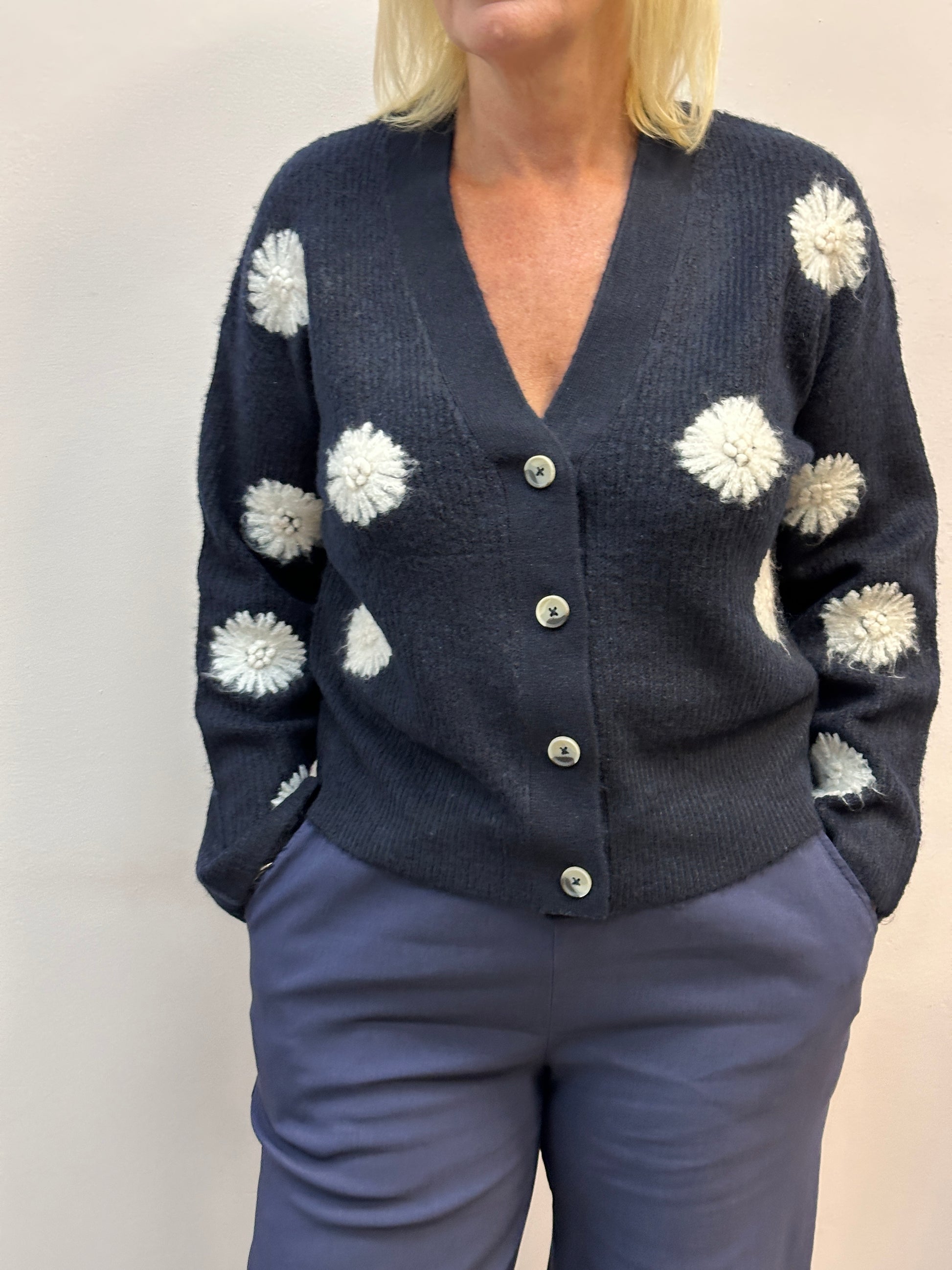 Navy Blue Straw Flower Knit Cardigan