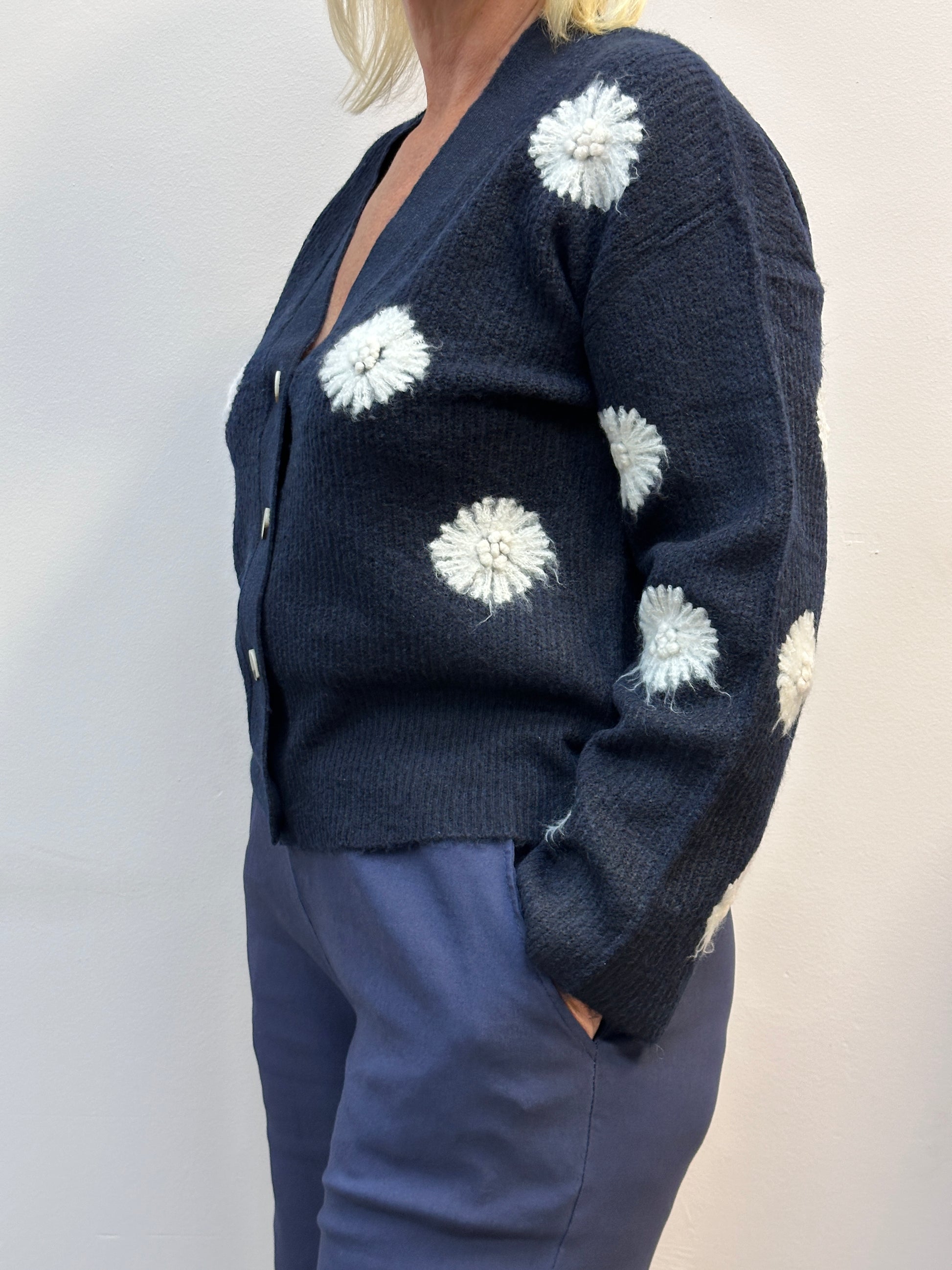 Navy Blue Straw Flower Knit Cardigan