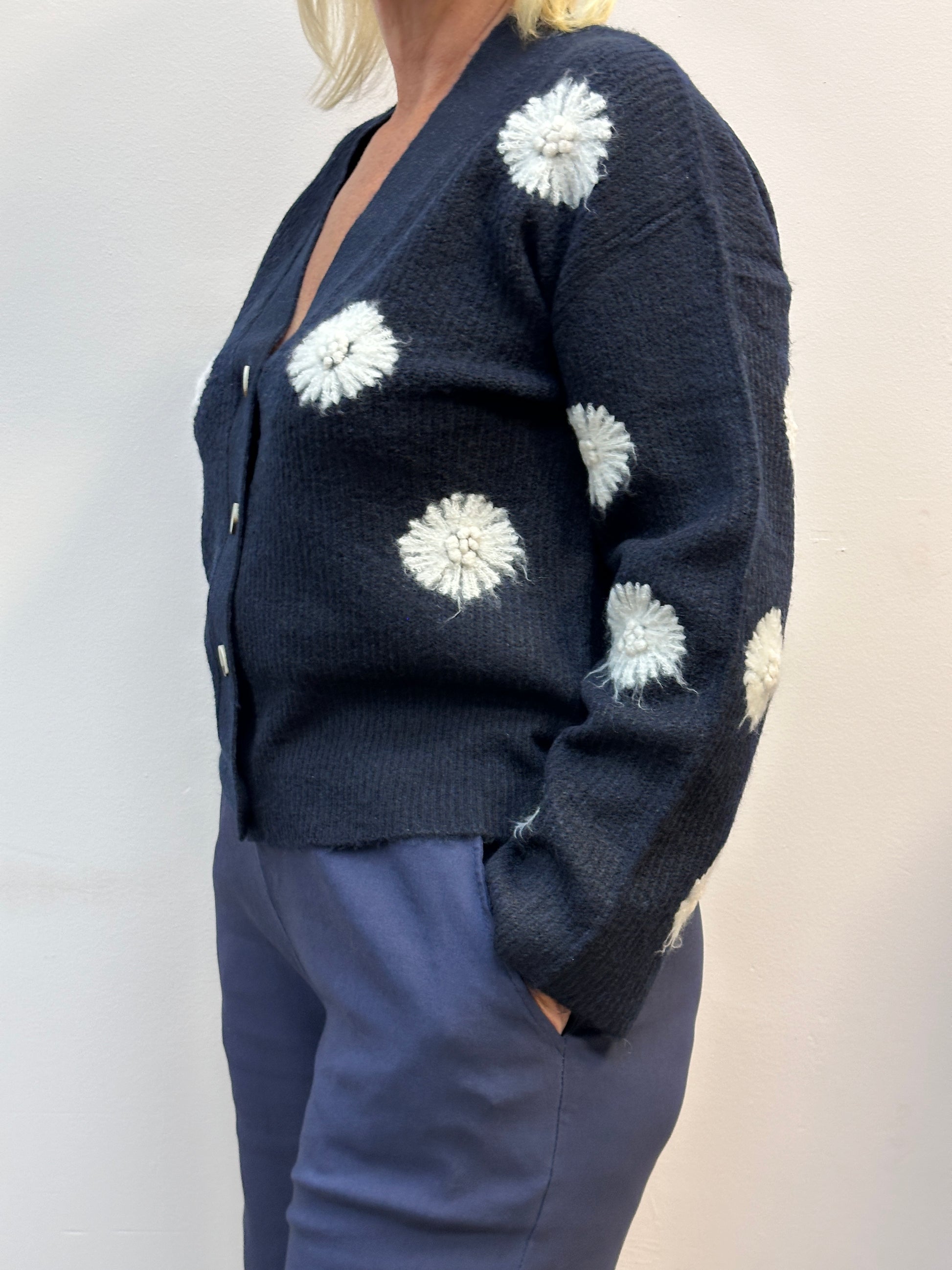 Navy Blue Straw Flower Knit Cardigan
