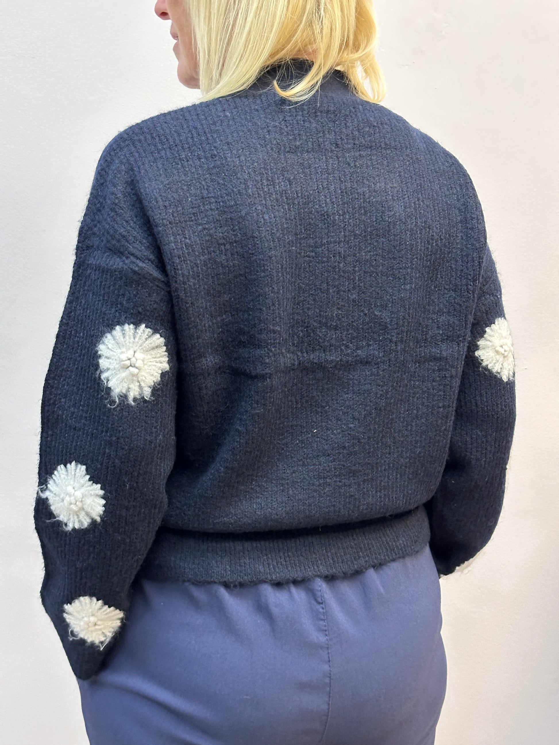 Navy Blue Straw Flower Knit Cardigan