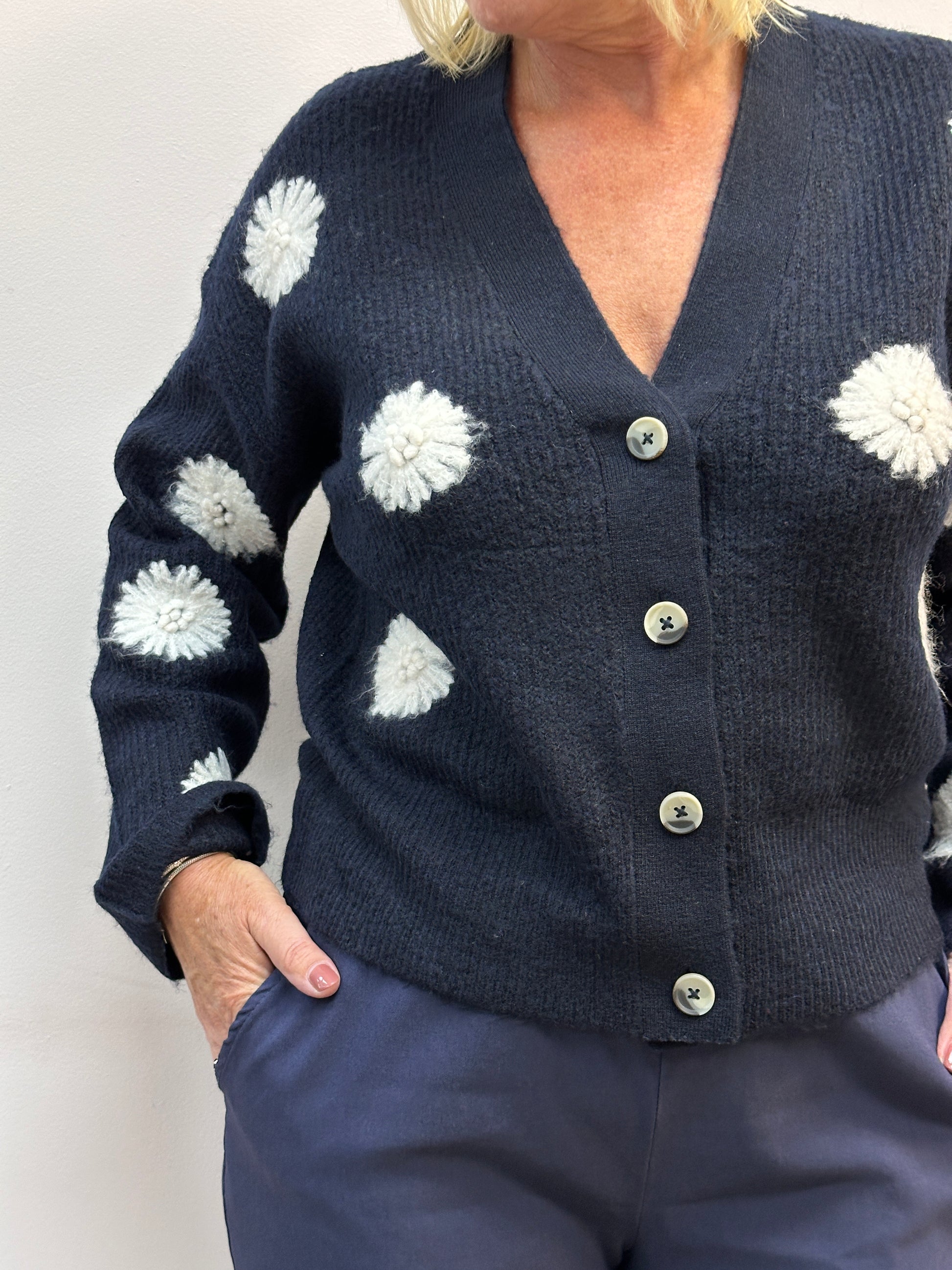 Navy Blue Straw Flower Knit Cardigan