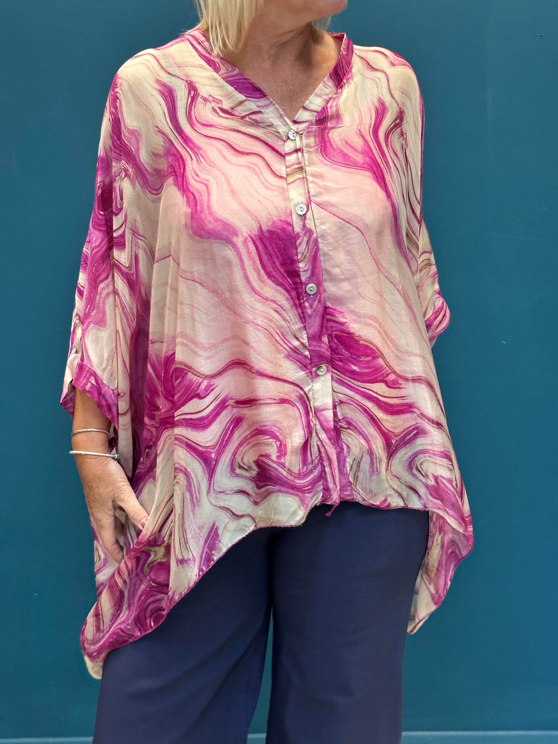 Oversized Goose Island Silk Swirl Batwing Magenta Blouse