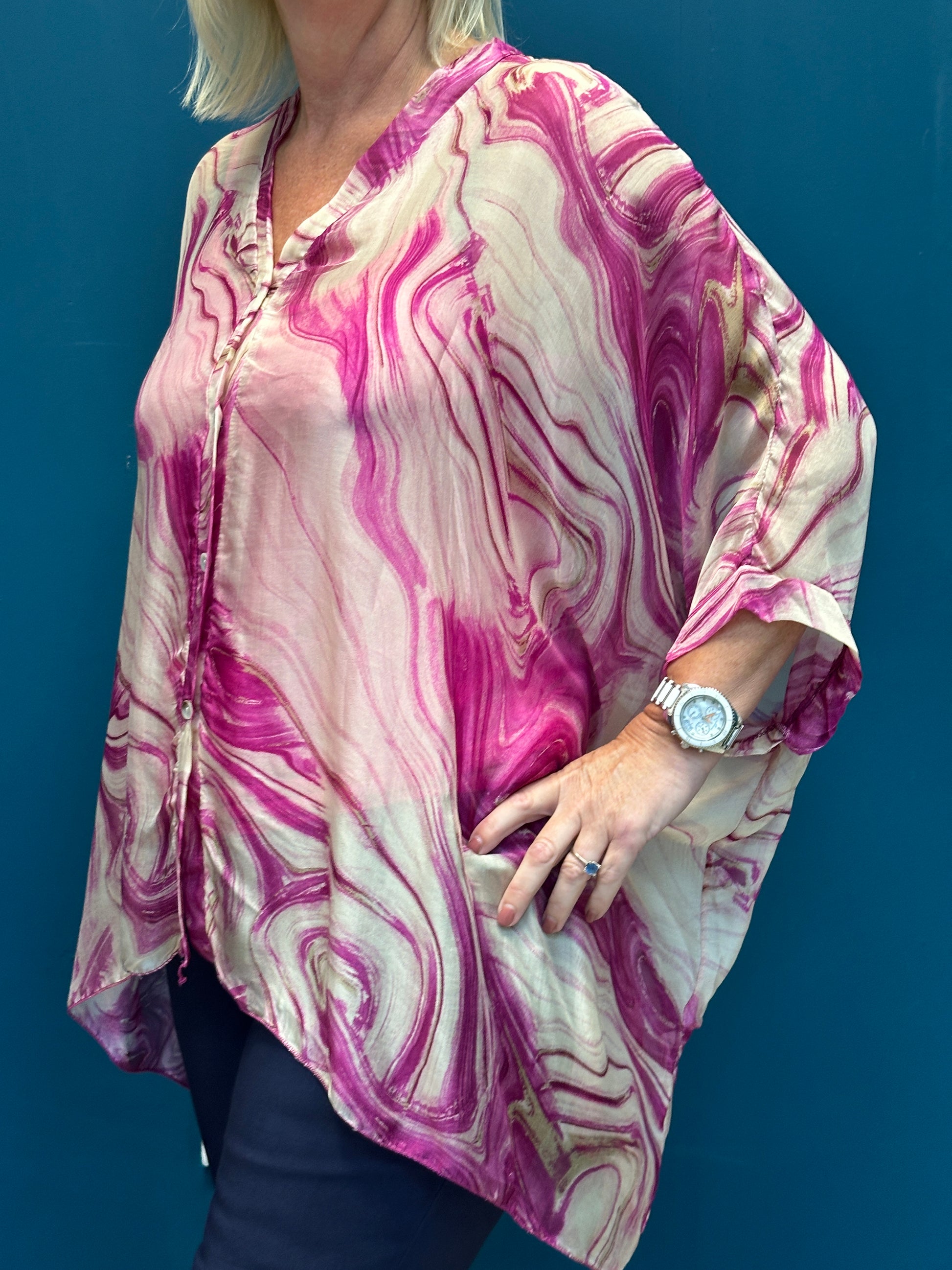 Oversized Goose Island Silk Swirl Batwing Magenta Blouse