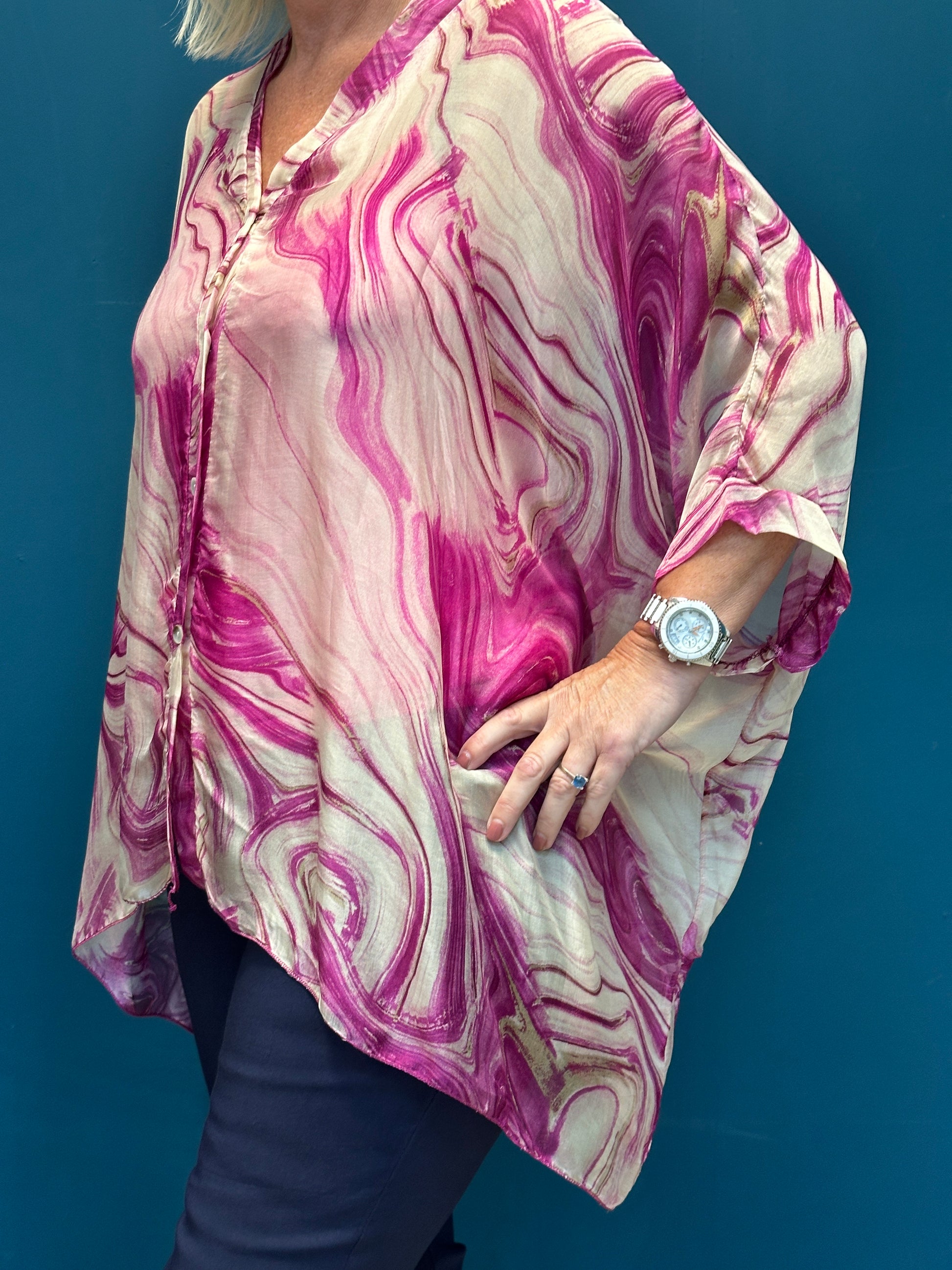Oversized Goose Island Silk Swirl Batwing Magenta Blouse