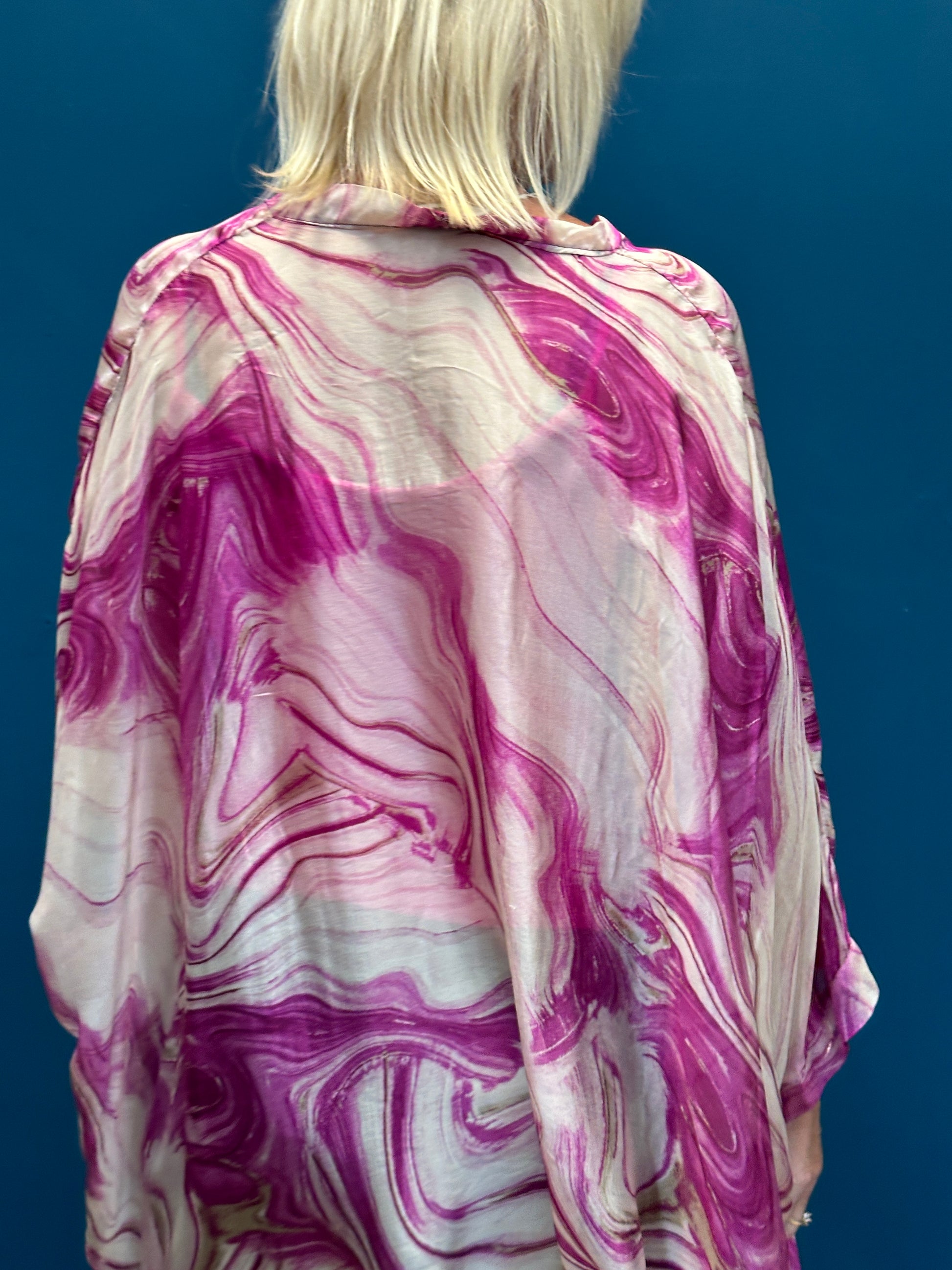 Oversized Goose Island Silk Swirl Batwing Magenta Blouse