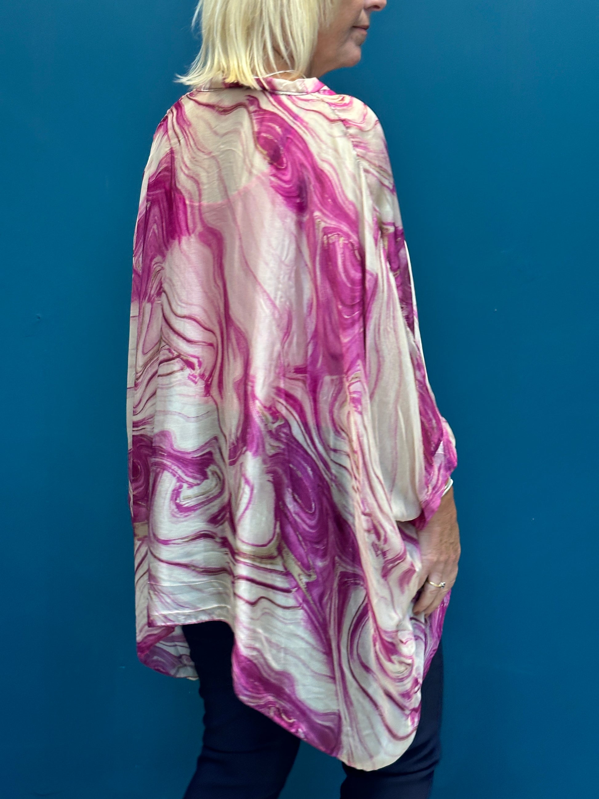Oversized Goose Island Silk Swirl Batwing Magenta Blouse