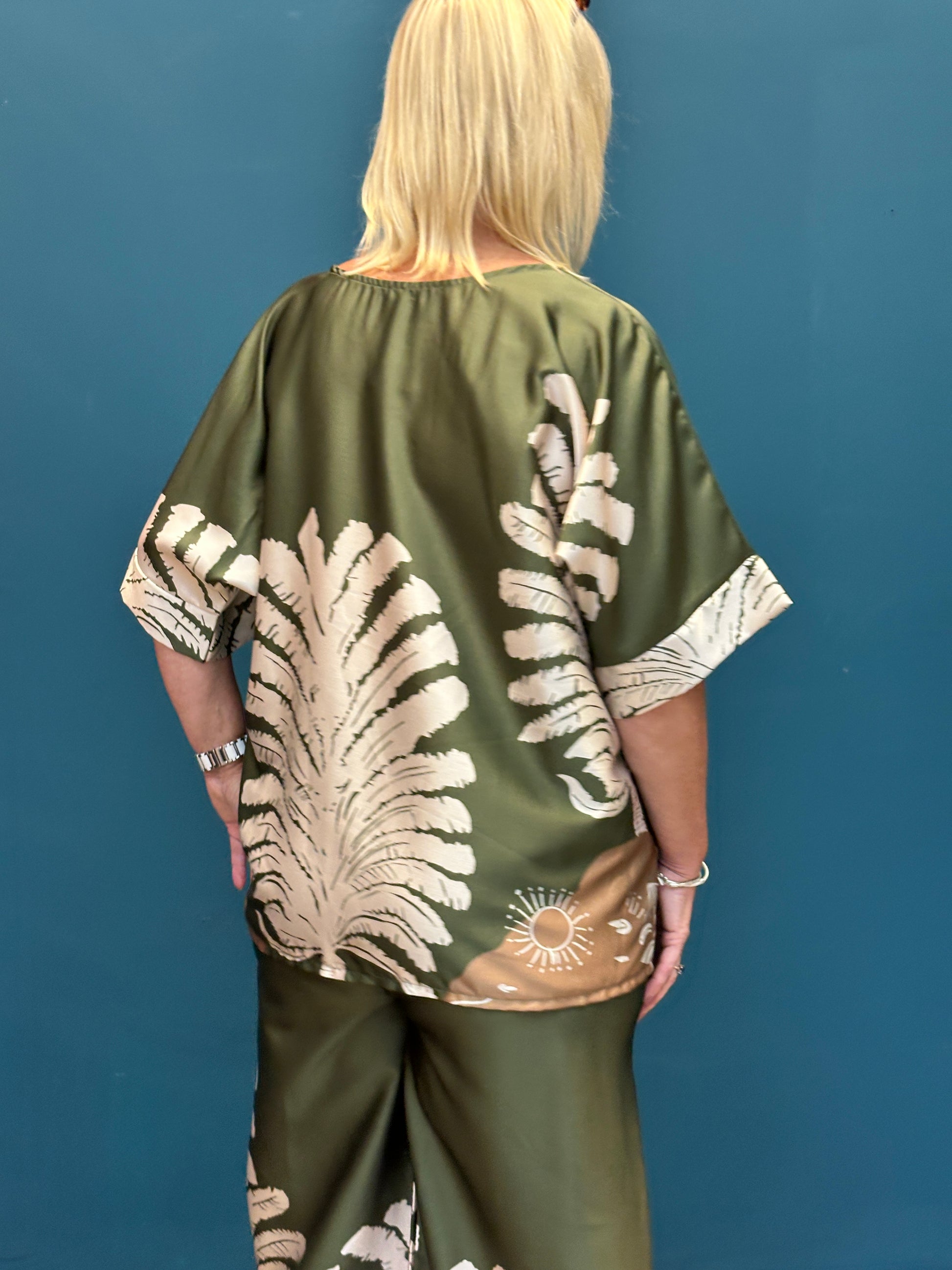 Green Satin Like Leaf Pattern Co-ord Set
