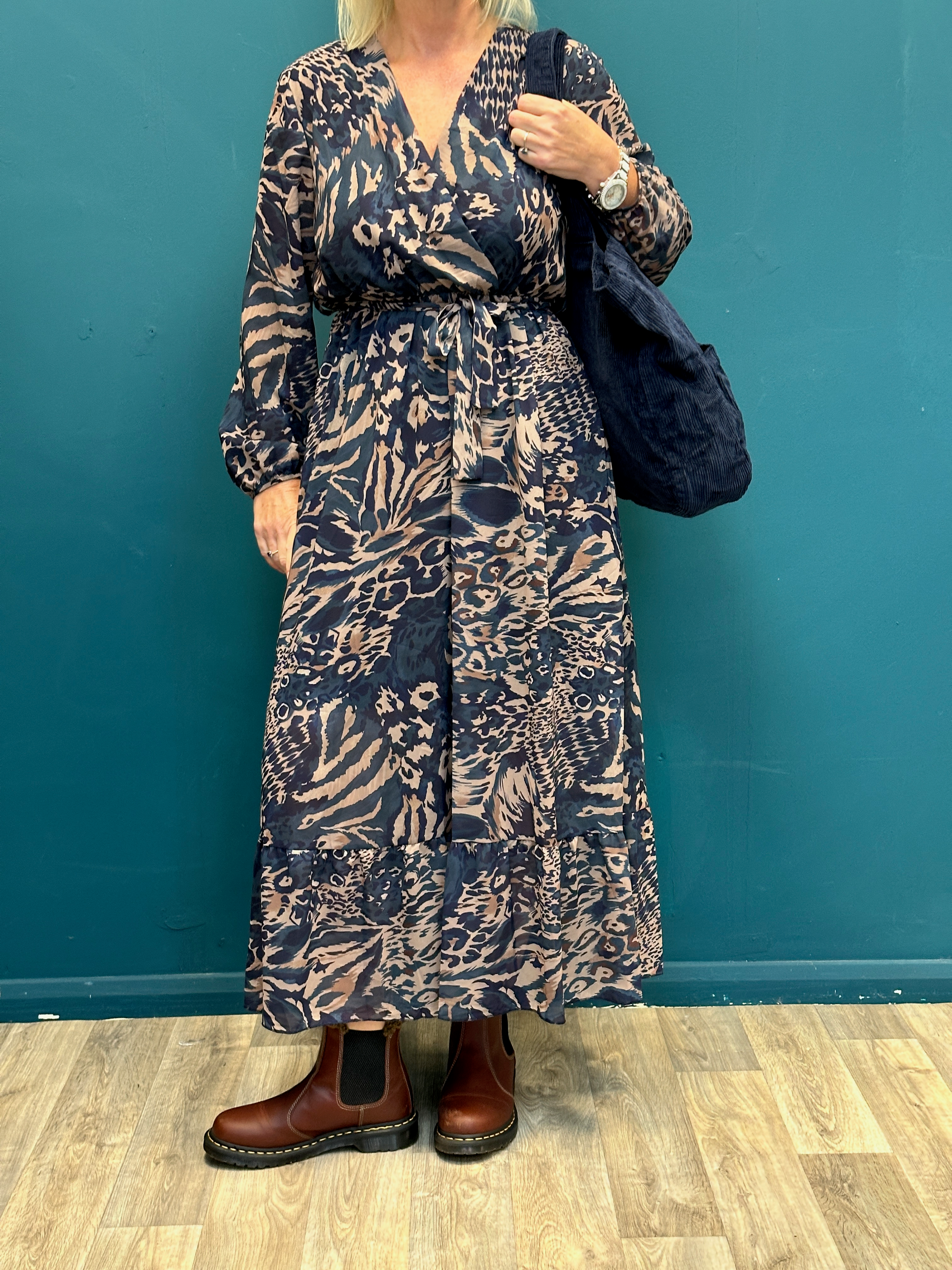 Goose Island Animal Print V-Neck Tie Dress Teal