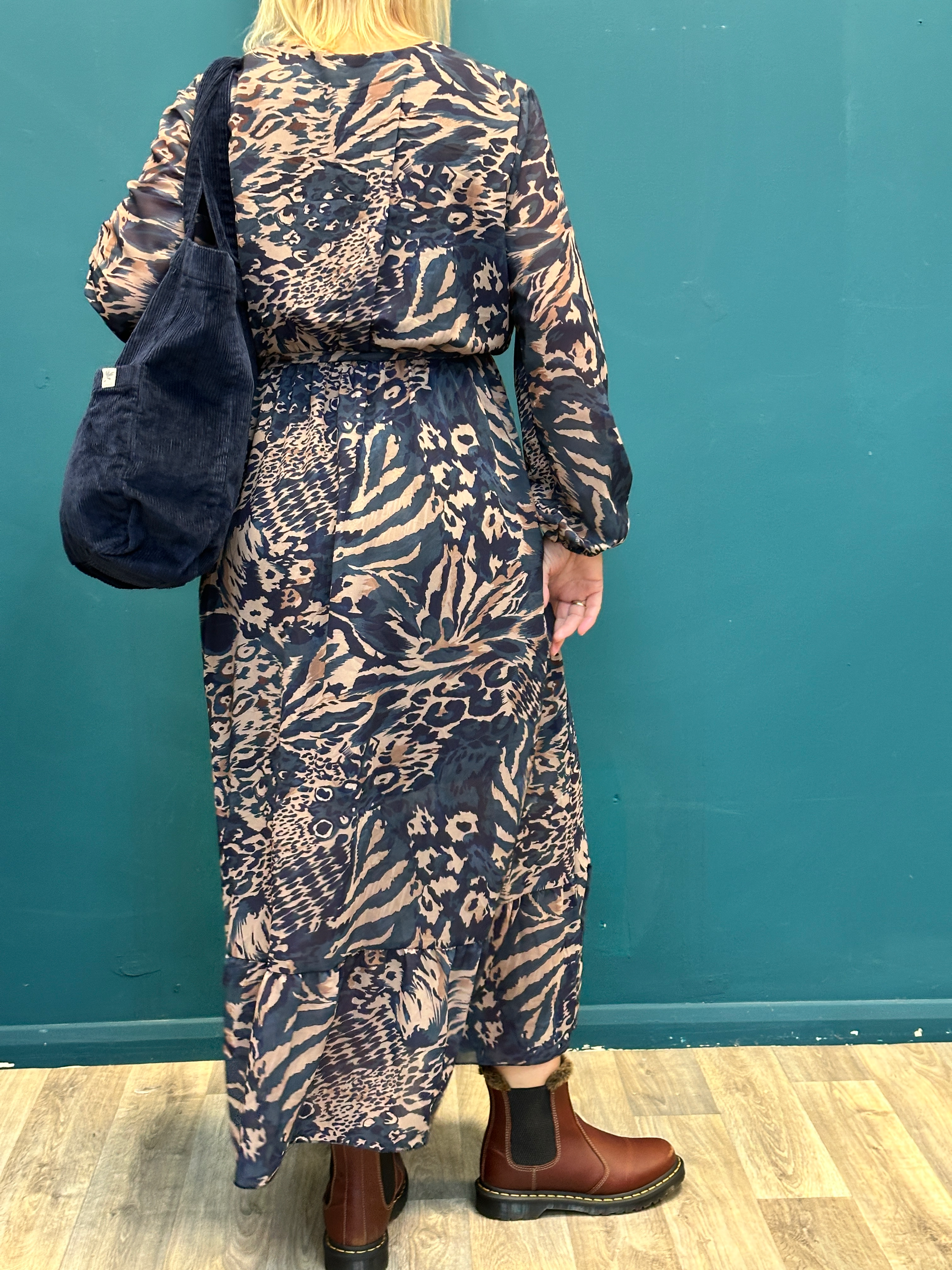 Goose Island Animal Print V-Neck Tie Dress Teal