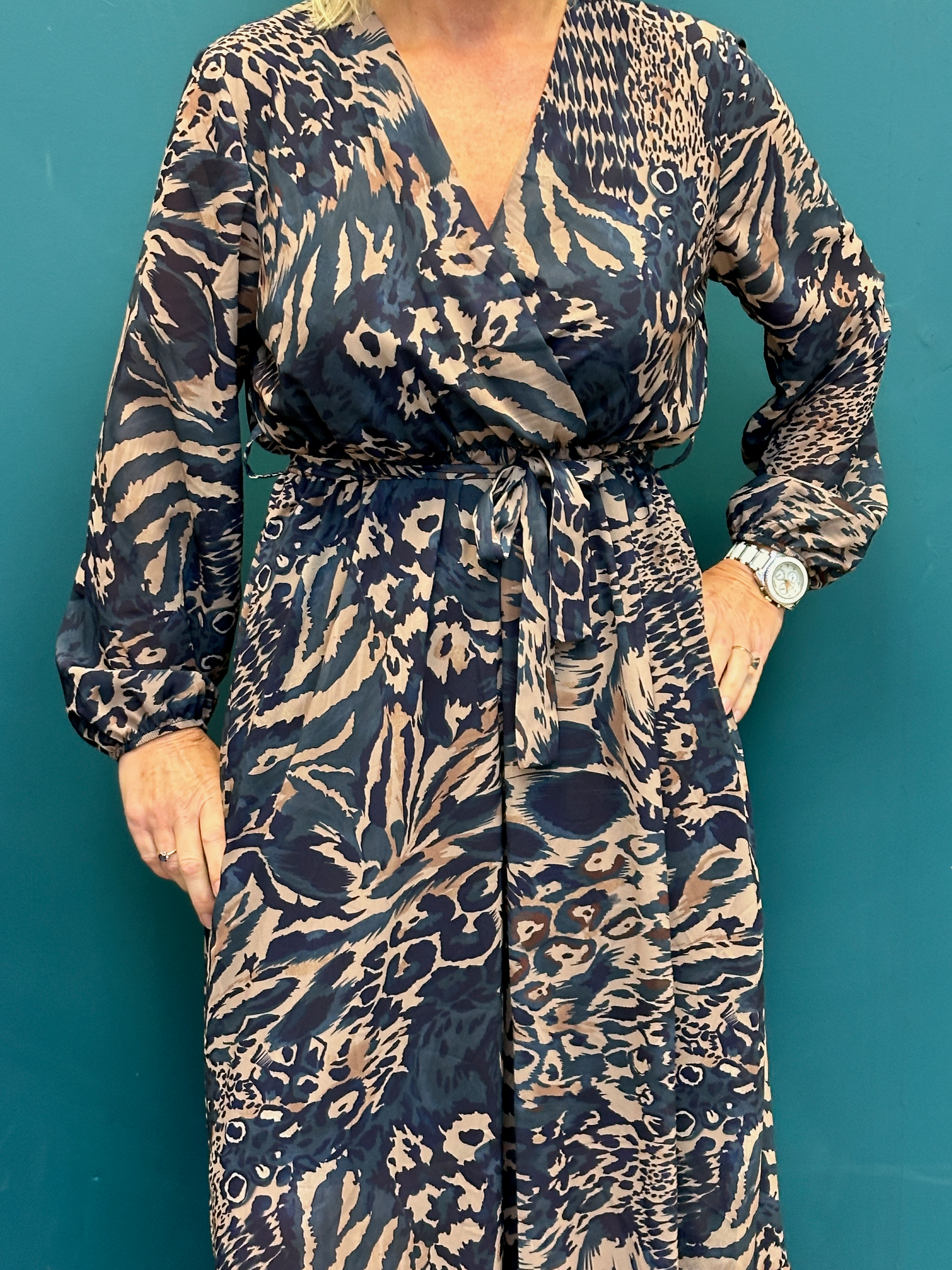 Goose Island Animal Print V-Neck Tie Dress Teal