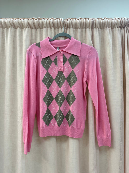 Argyle Soft Collar Polo Knit Pink Ginger + Gray