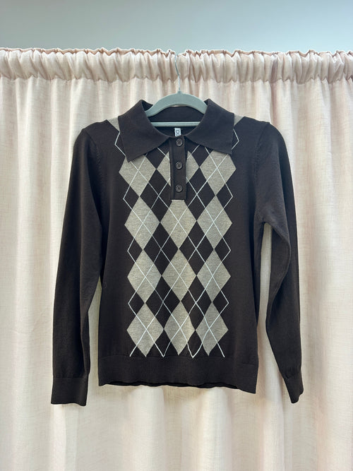 Argyle Soft Collar Polo Knit Chocolate Ginger + Gray
