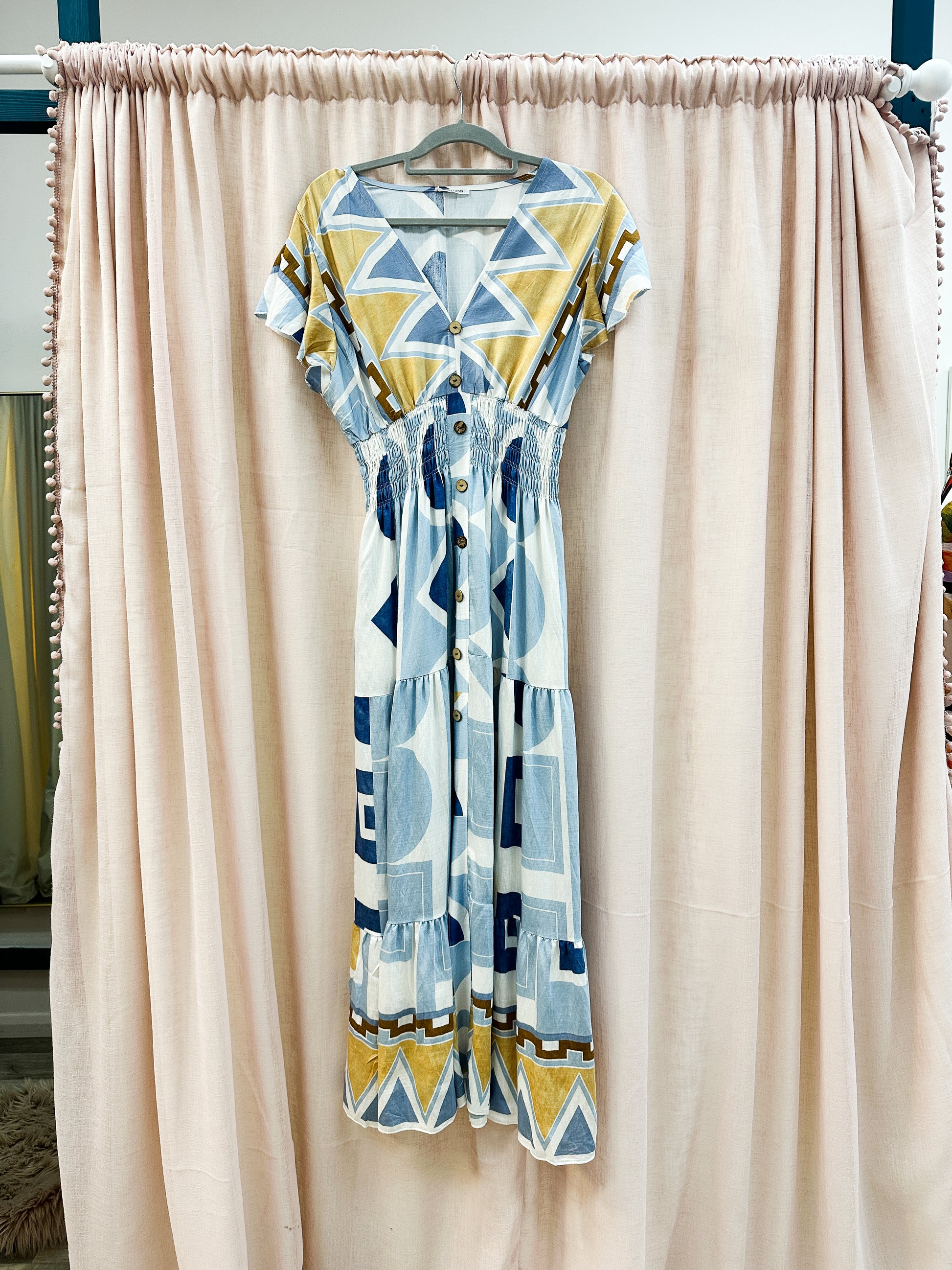 Geometric Print Light Blue Maxi Dress