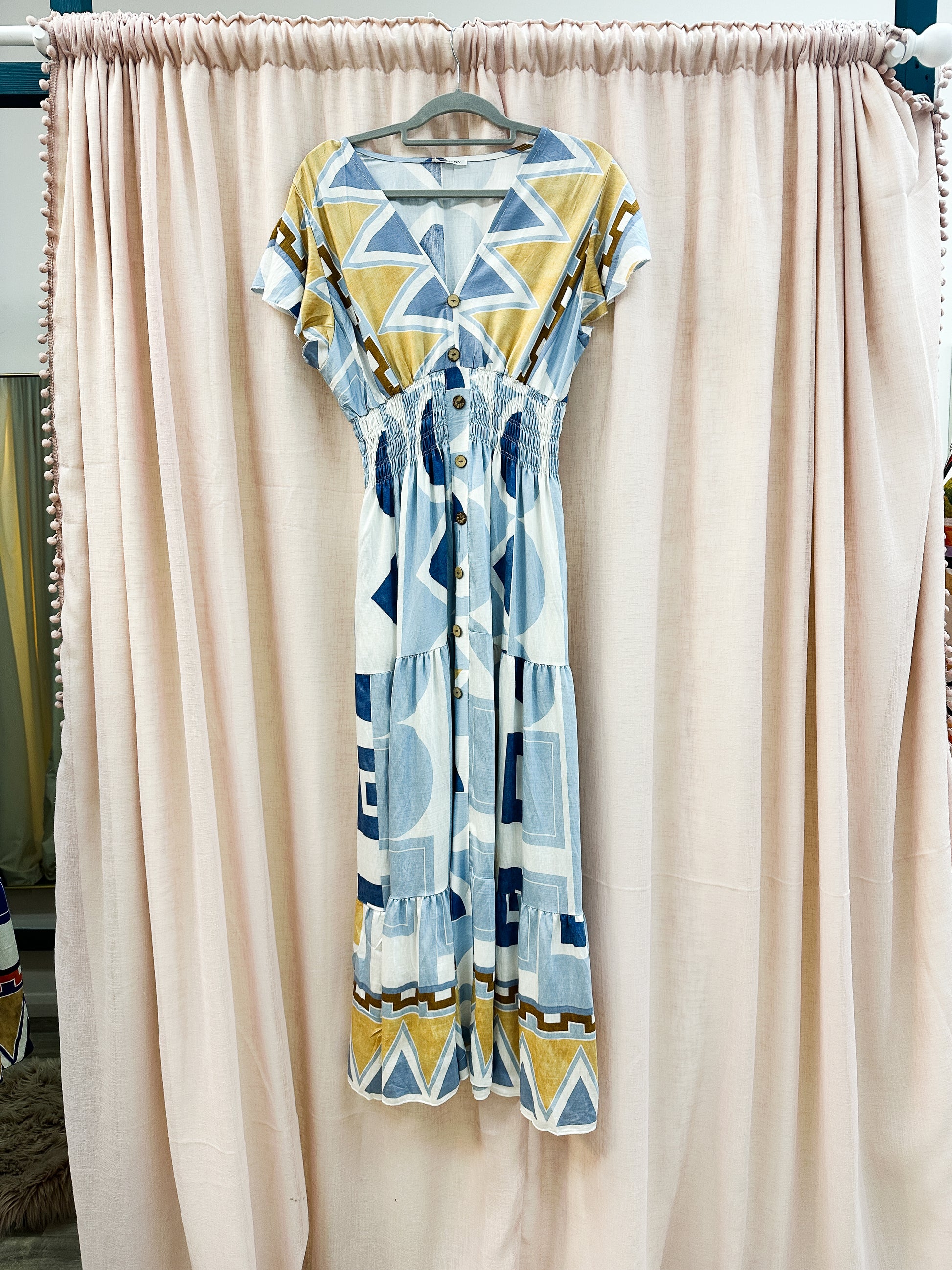 Geometric Print Light Blue Maxi Dress