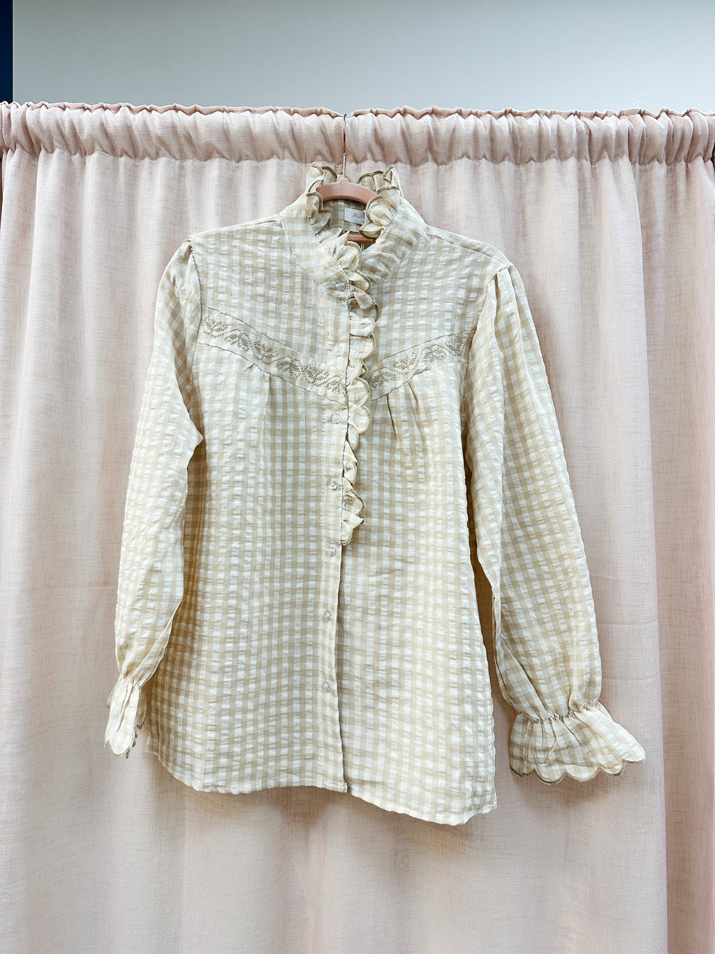 Ruffle Mandarin Cotton Check Blouse Beige