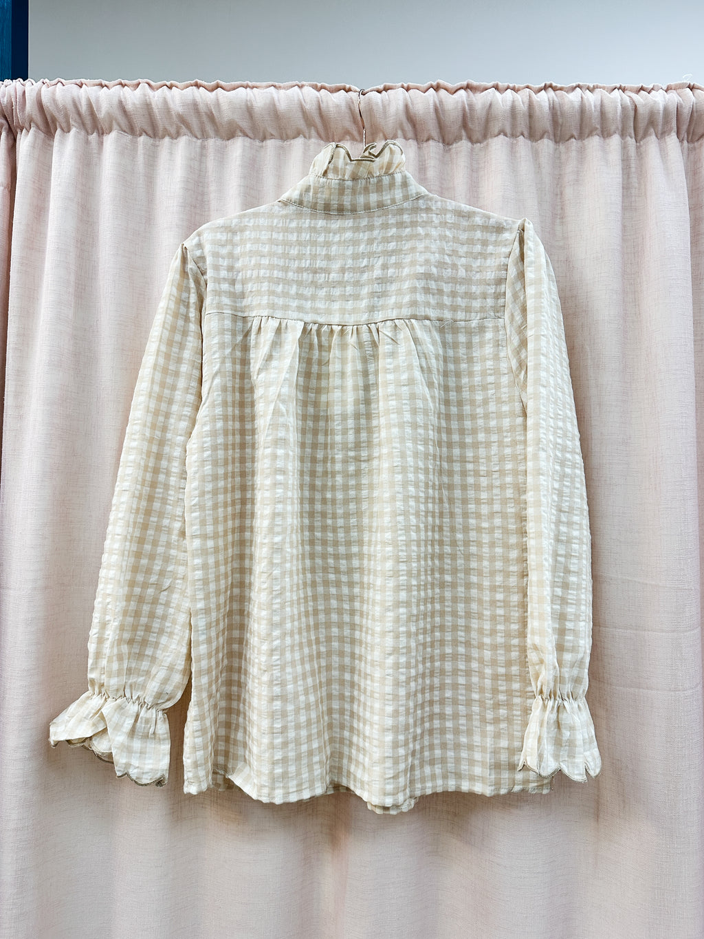 Ruffle Mandarin Cotton Check Blouse Beige
