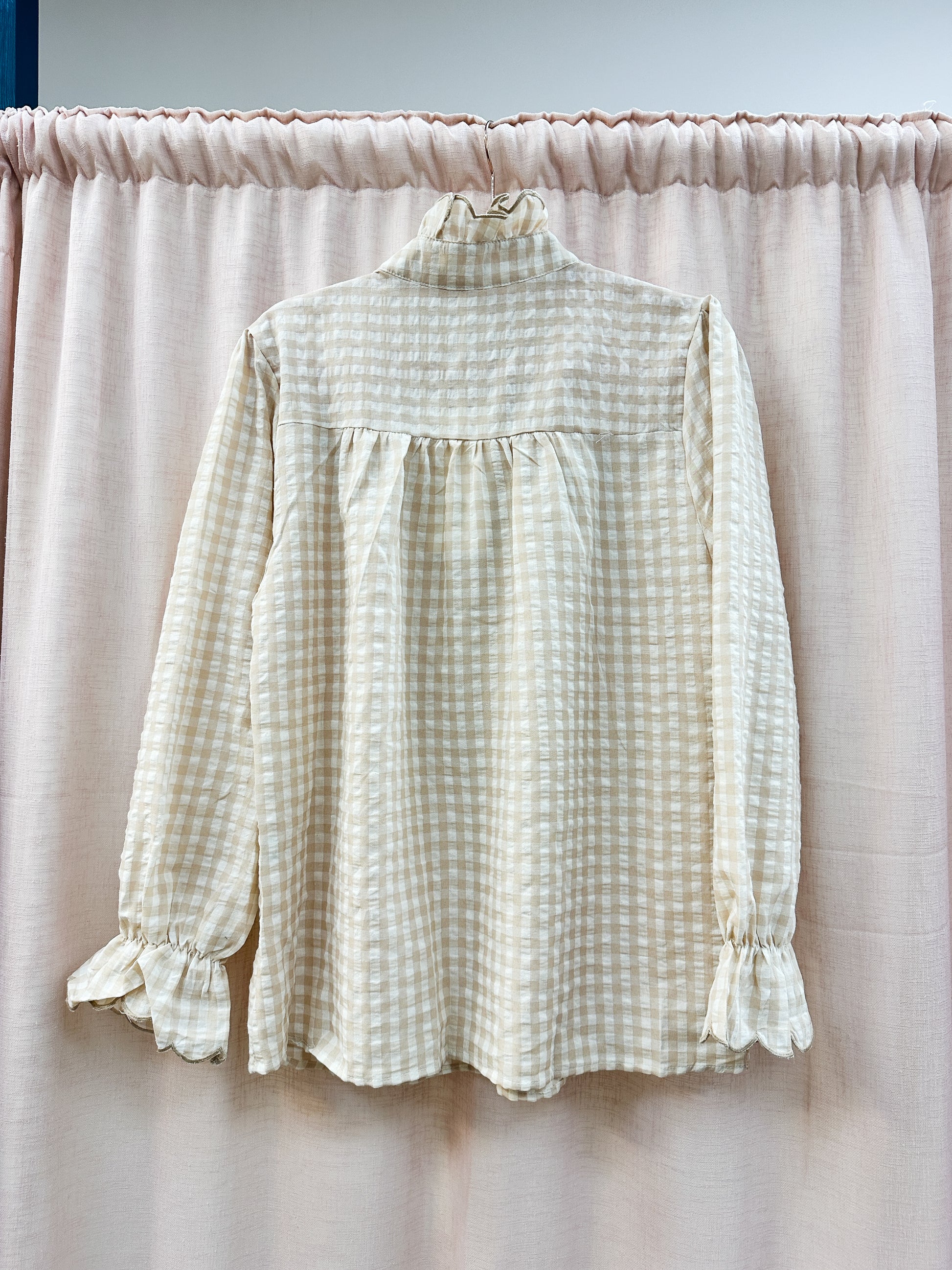Ruffle Mandarin Cotton Check Blouse Beige