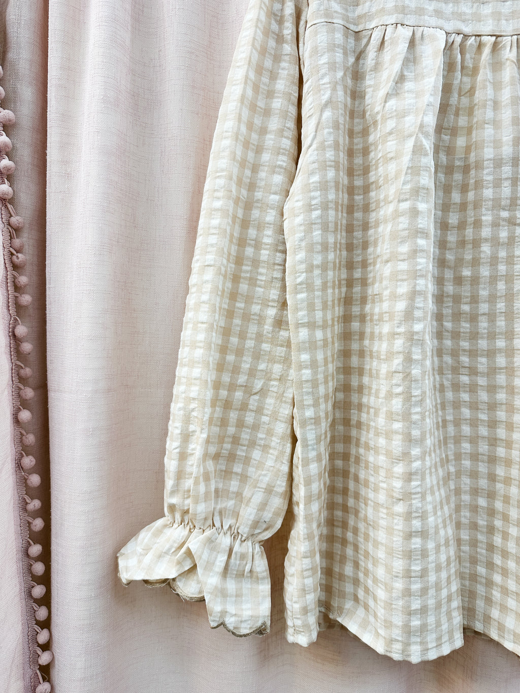 Ruffle Mandarin Cotton Check Blouse Beige
