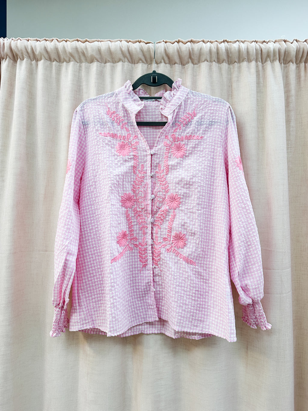 Floral Embroidery Cotton Check Blouse Pink