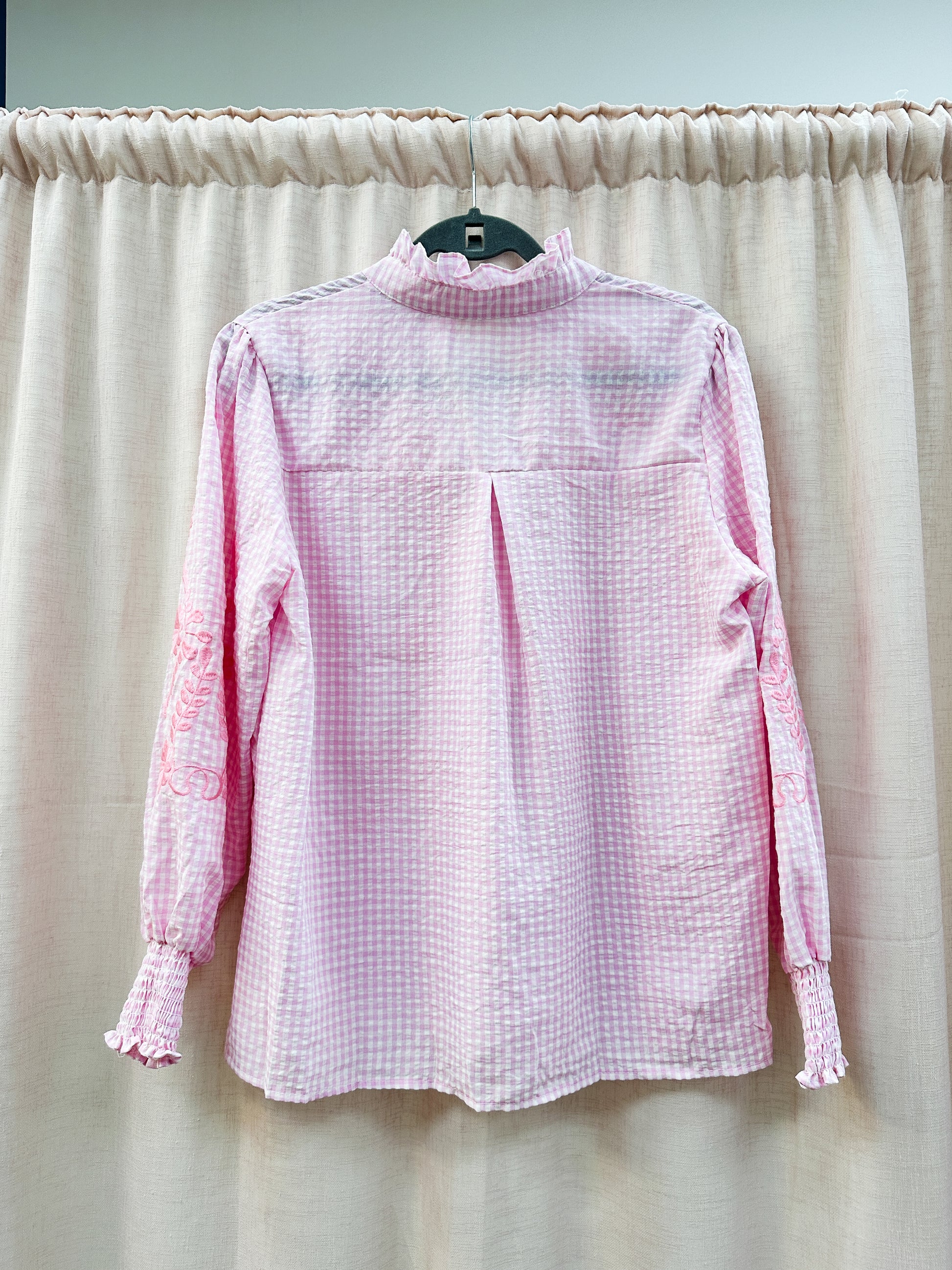 Floral Embroidery Cotton Check Blouse Pink