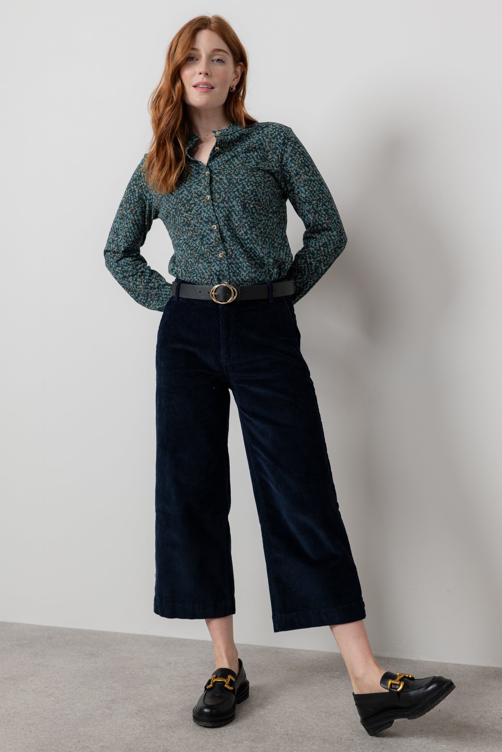 Lily & Me Isla Stretch Jumbo Corduroy Cropped Trousers Navy