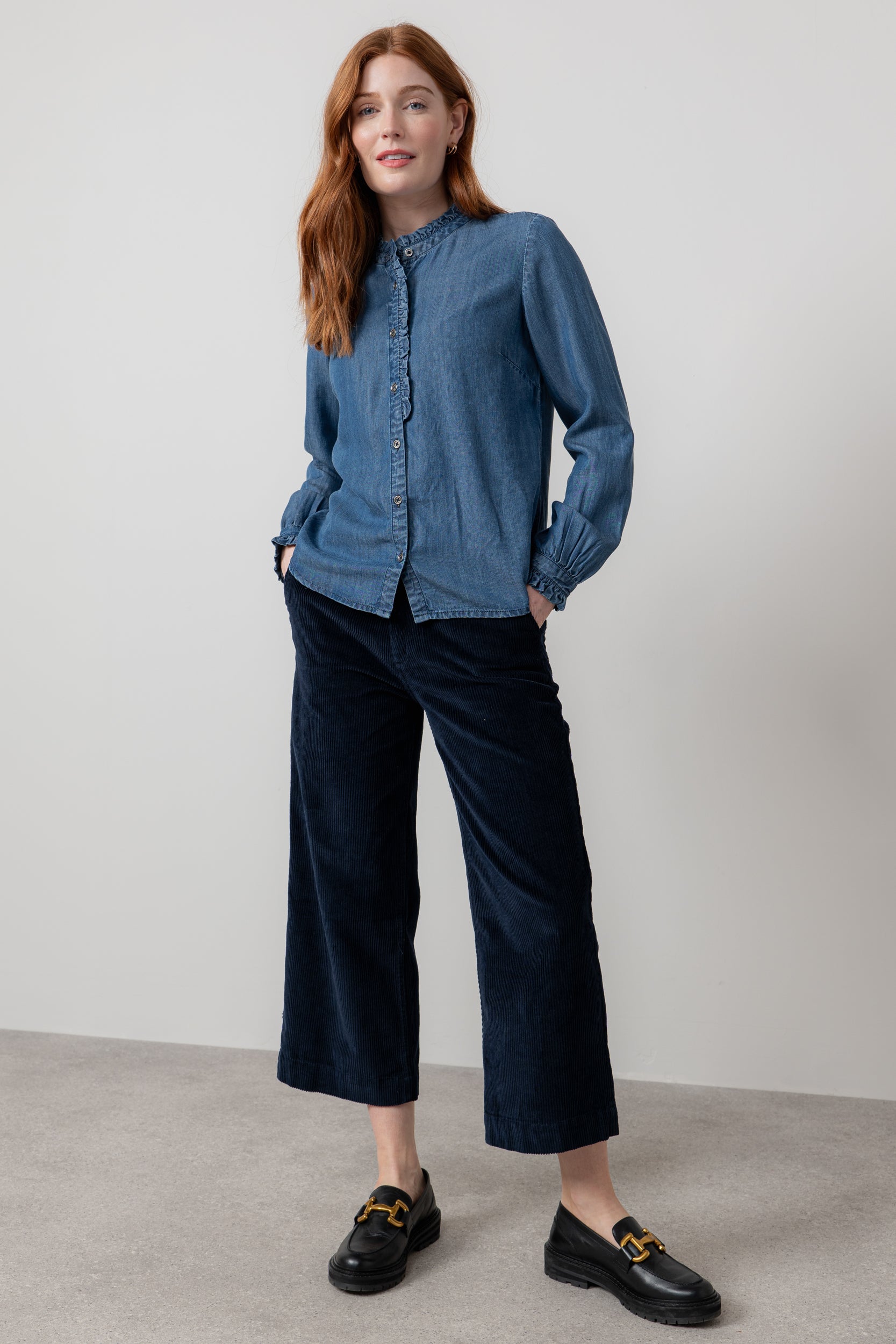 Lily & Me Isla Stretch Jumbo Corduroy Cropped Trousers Navy