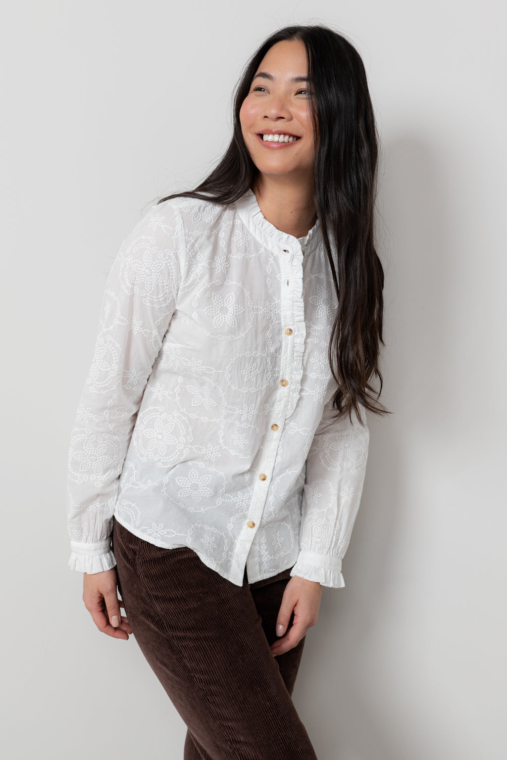 Lily & Me Kit Ruffle Embroidered Cotton Blouse White