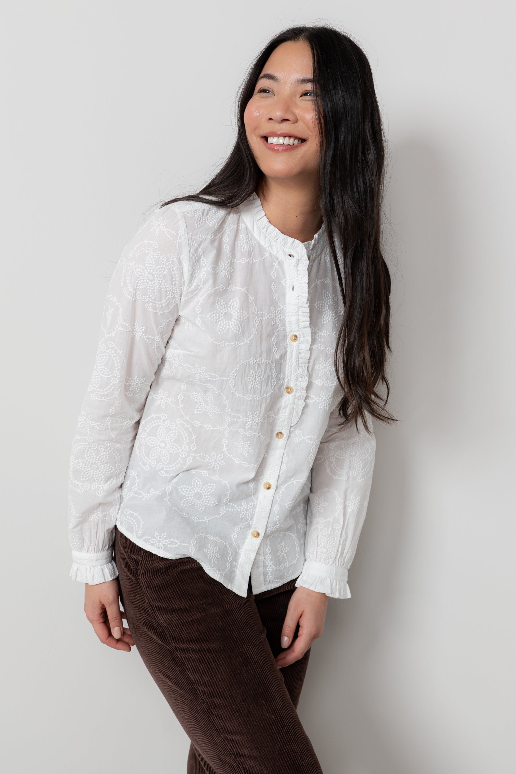 Lily & Me Kit Ruffle Embroidered Cotton Blouse White