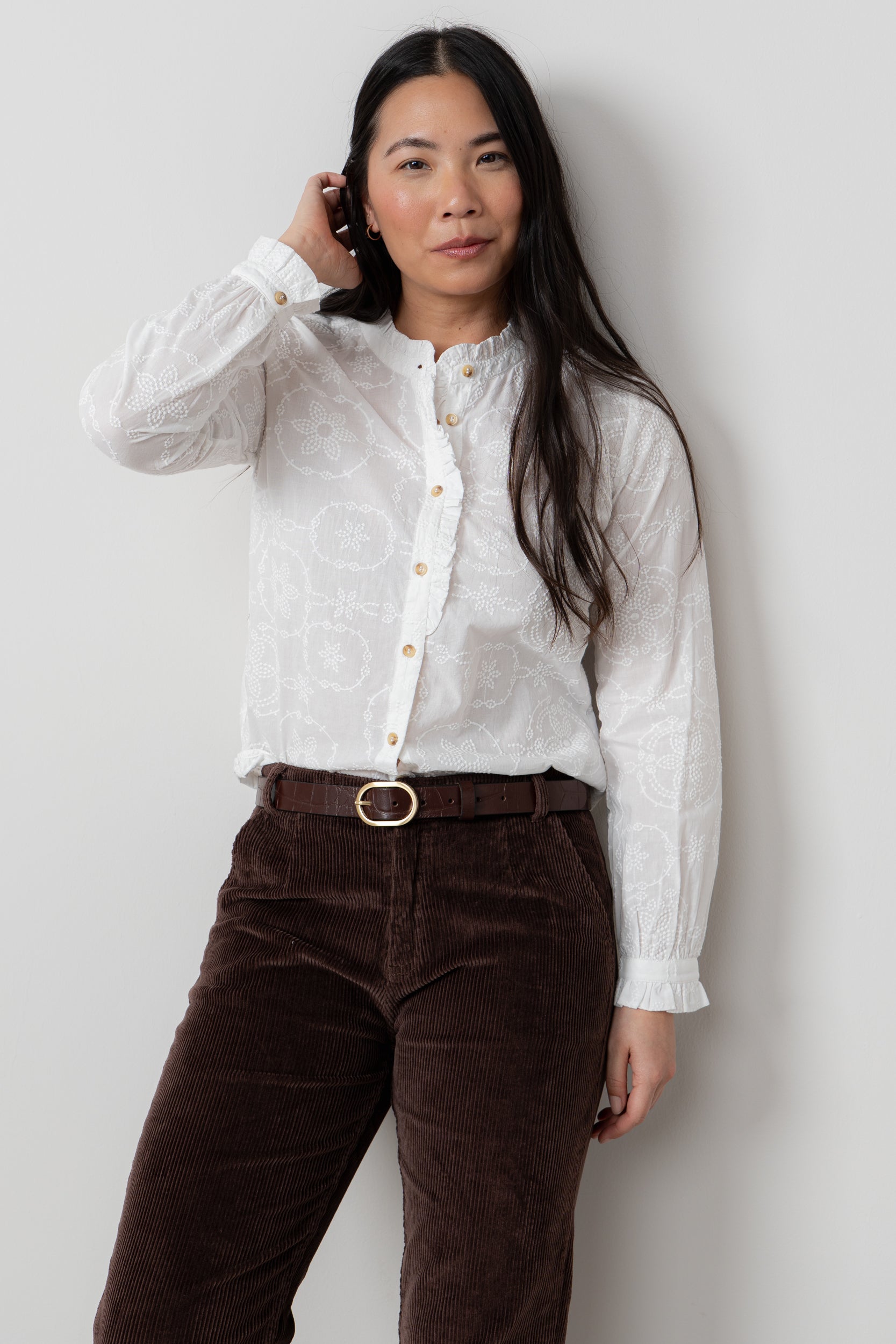 Lily & Me Kit Ruffle Embroidered Cotton Blouse White