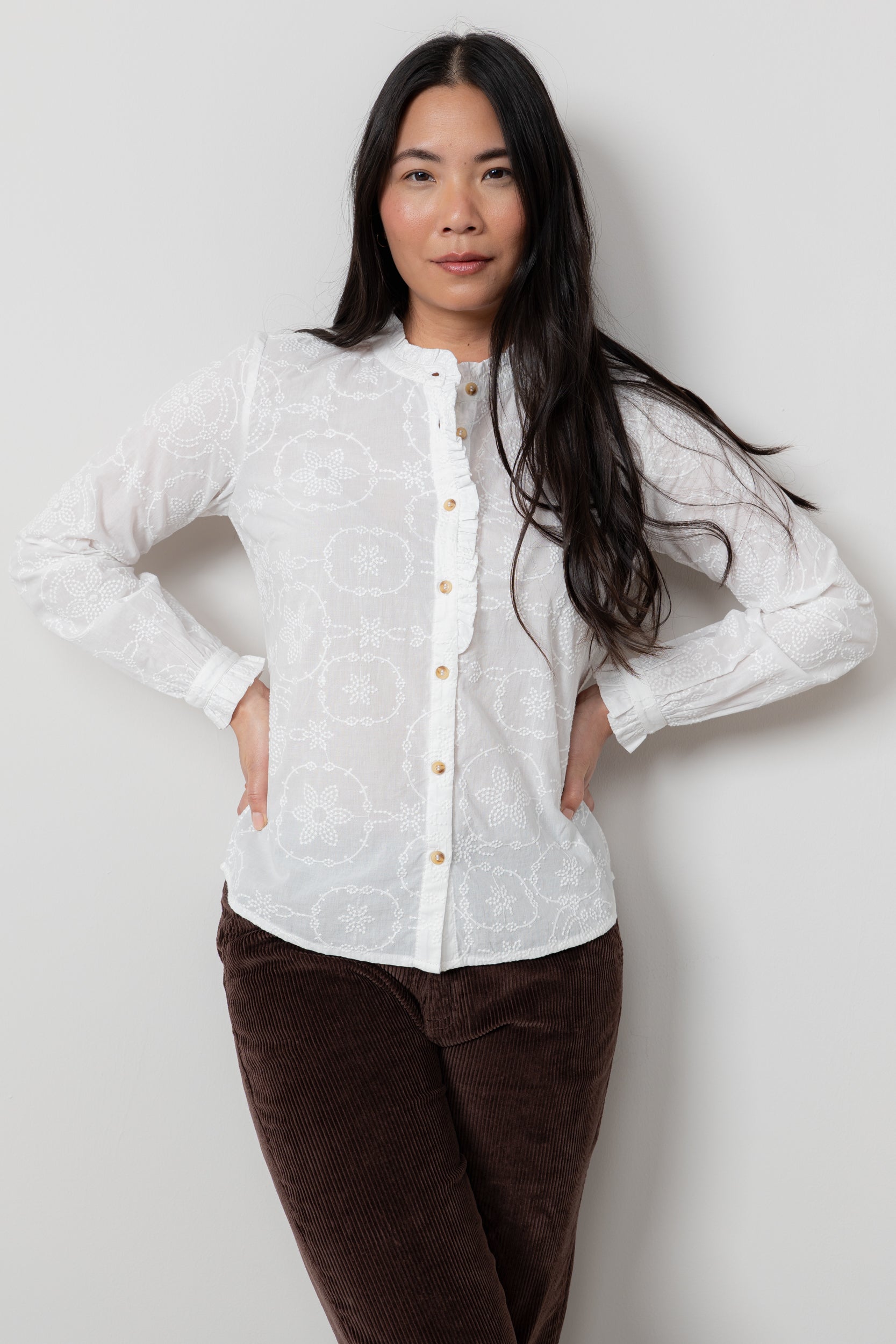 Lily & Me Kit Ruffle Embroidered Cotton Blouse White
