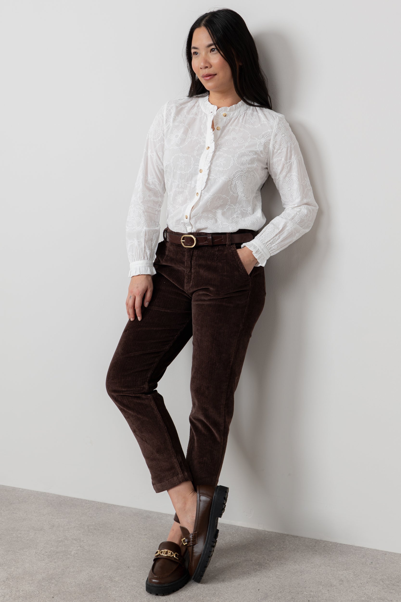 Lily & Me Kit Ruffle Embroidered Cotton Blouse White
