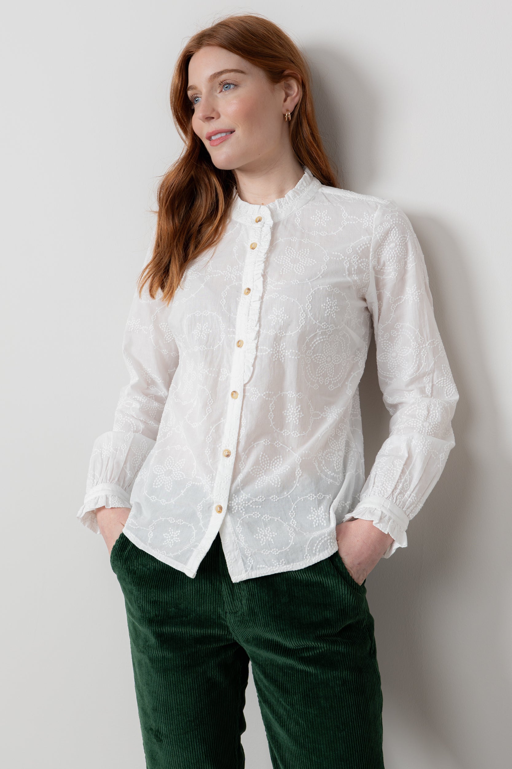 Lily & Me Kit Ruffle Embroidered Cotton Blouse White