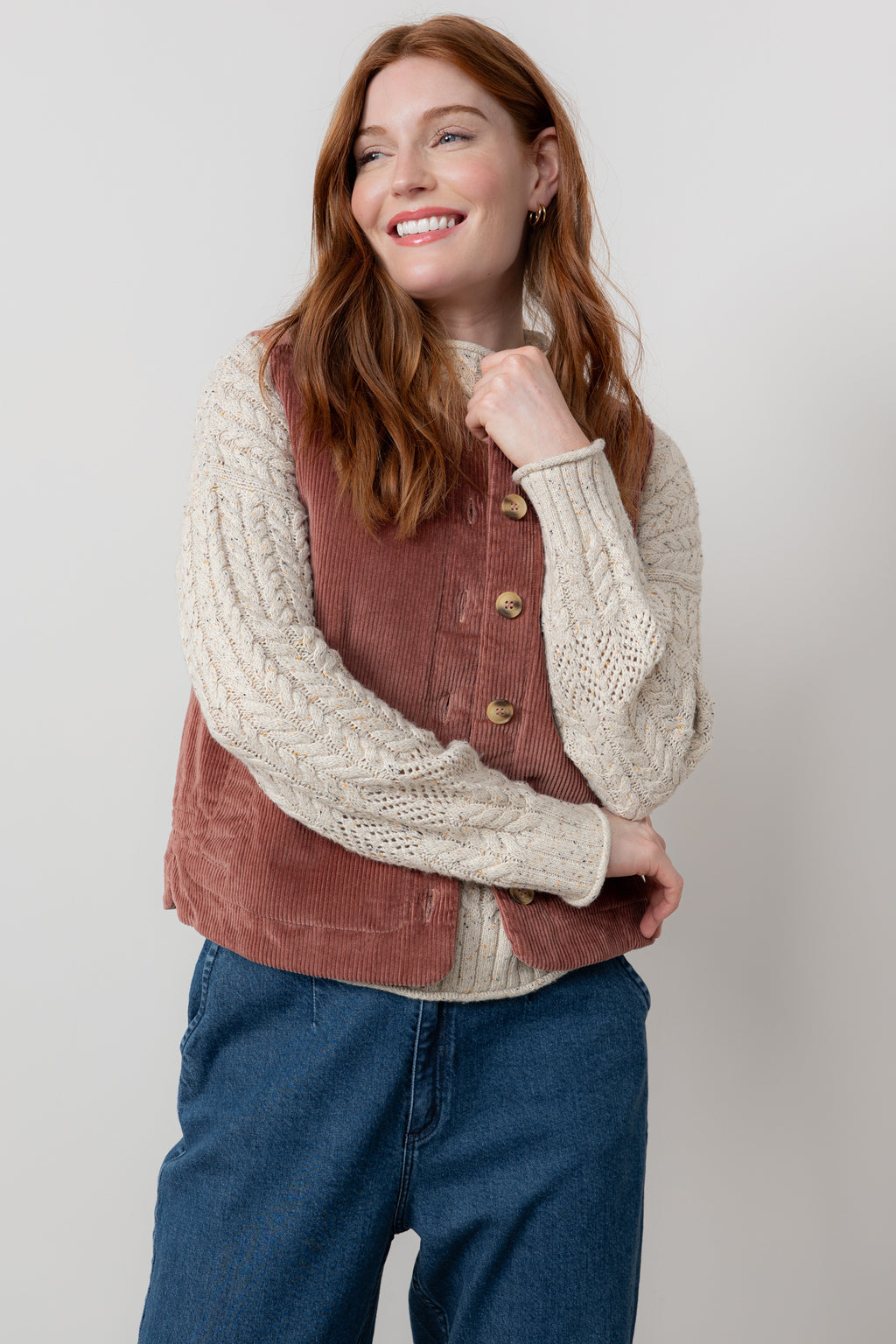 Lily & Me Dusk Stretch Cotton Jumbo Cord Gilet Antique Rose