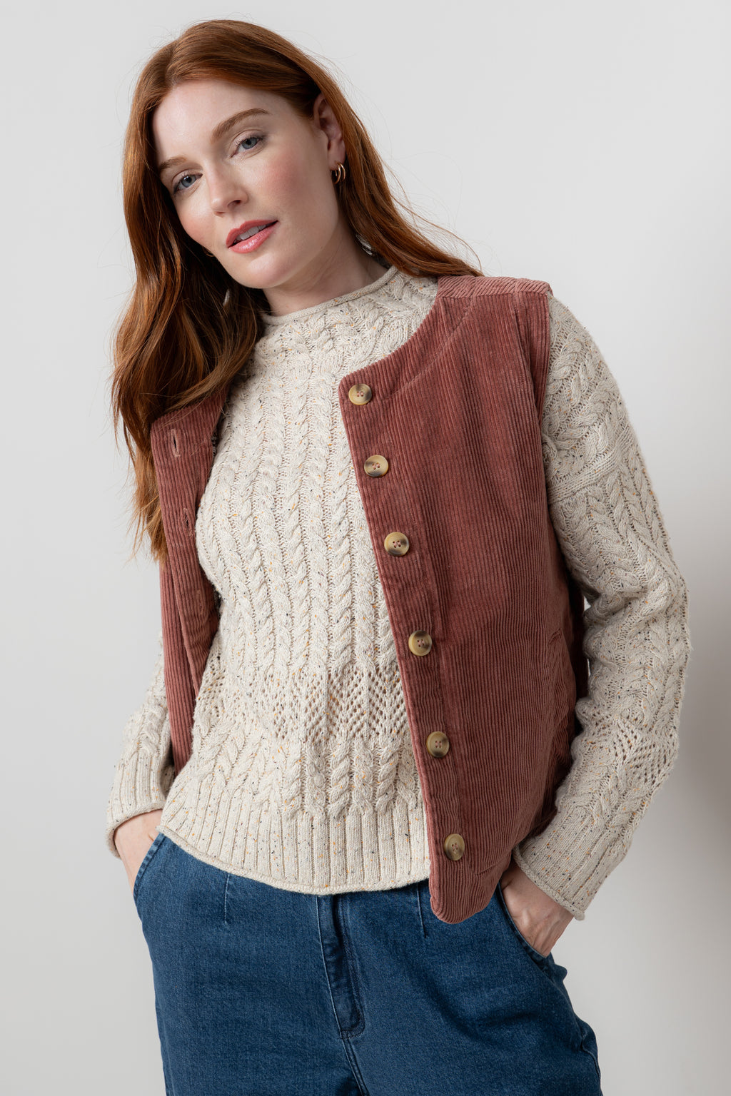 Lily & Me Dusk Stretch Cotton Jumbo Cord Gilet Antique Rose