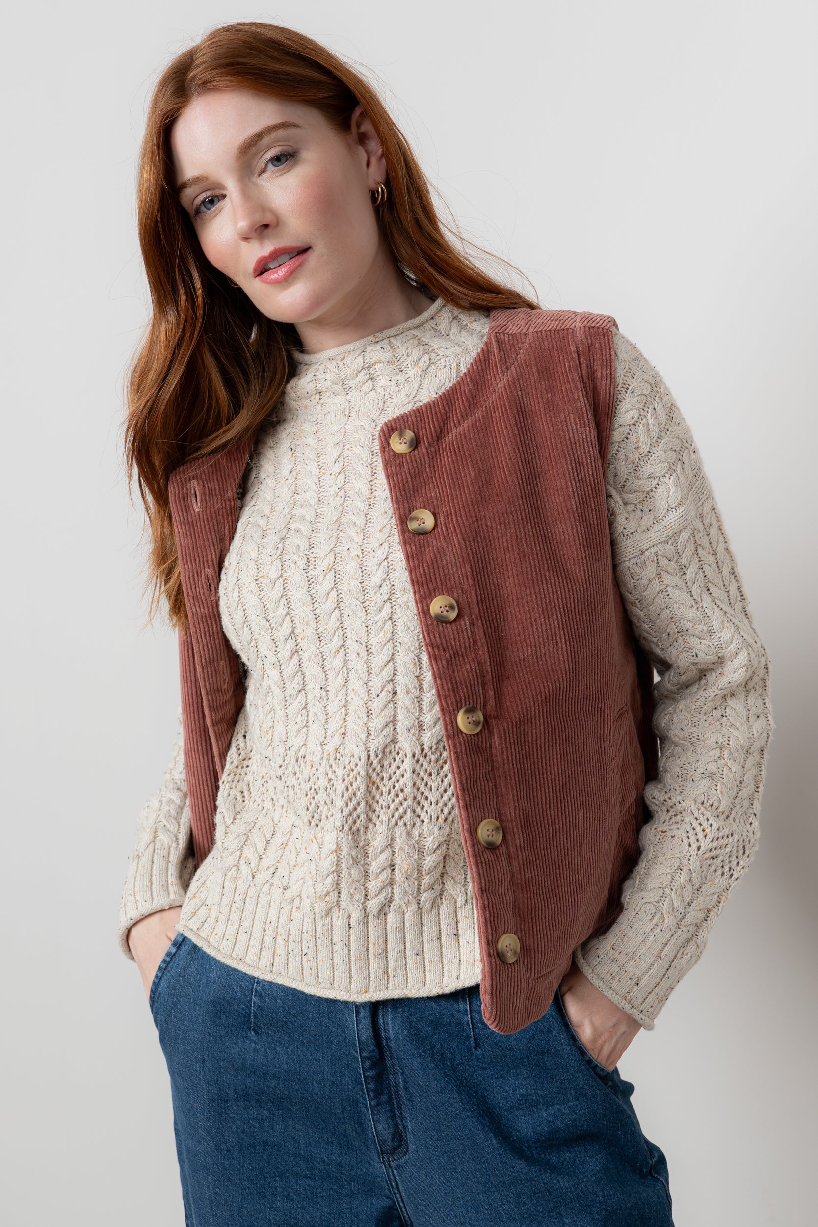 Lily & Me Dusk Stretch Cotton Jumbo Cord Gilet Antique Rose