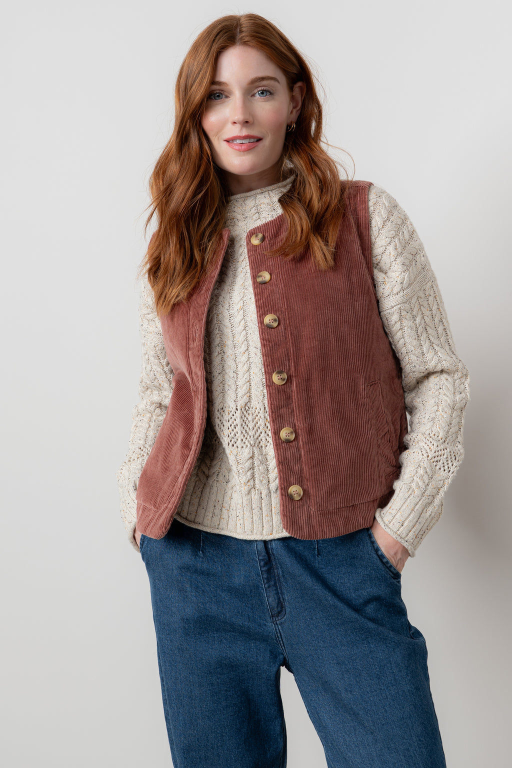 Lily & Me Dusk Stretch Cotton Jumbo Cord Gilet Antique Rose