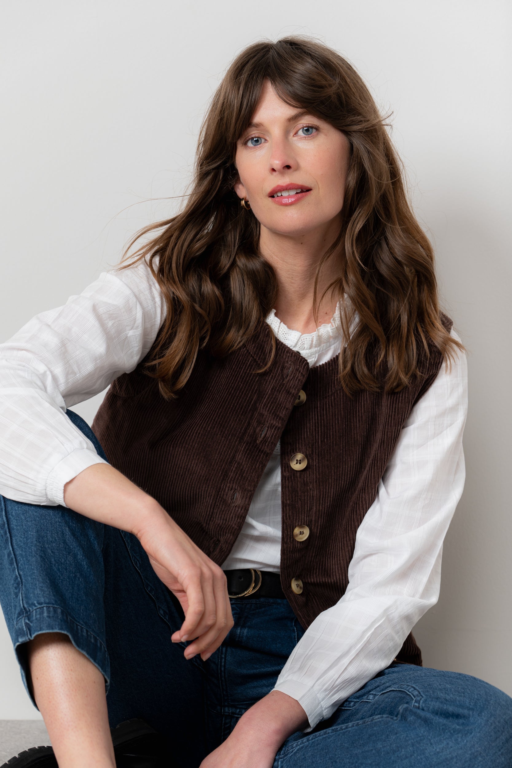 Lily & Me Dusk Stretch Cotton Jumbo Cord Gilet Chocolate Brown