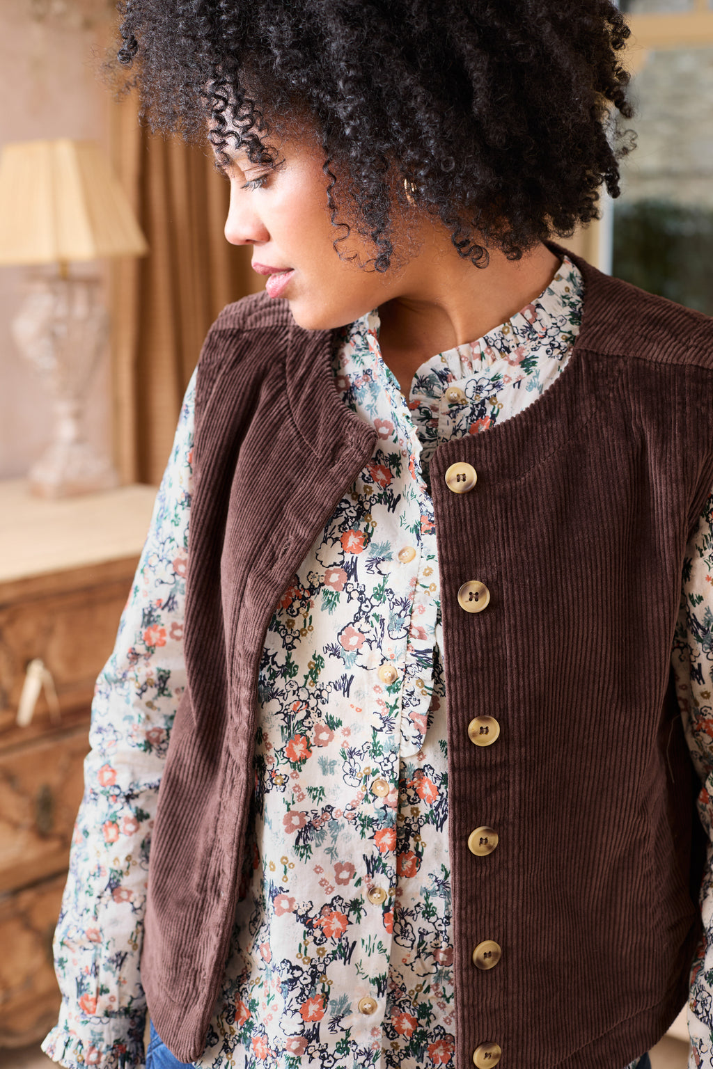 Lily & Me Dusk Stretch Cotton Jumbo Cord Gilet Chocolate Brown