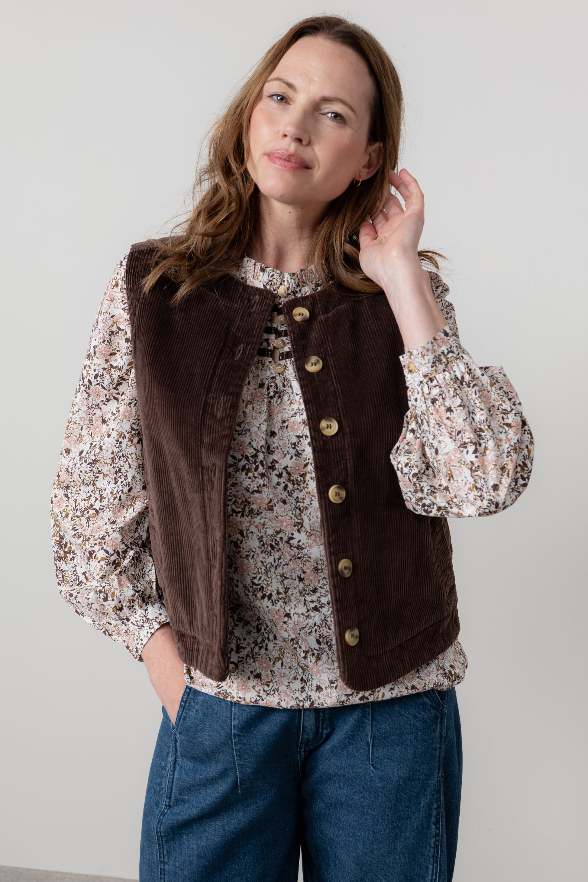 Lily & Me Dusk Stretch Cotton Jumbo Cord Gilet Chocolate Brown