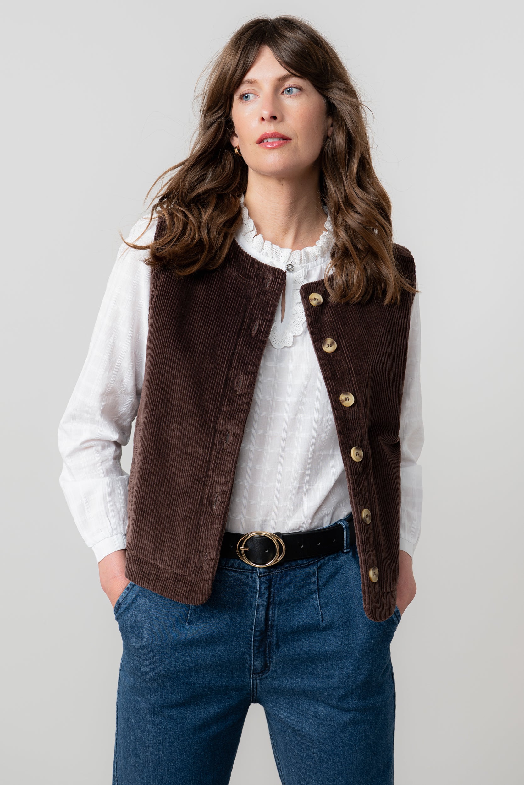 Lily & Me Dusk Stretch Cotton Jumbo Cord Gilet Chocolate Brown