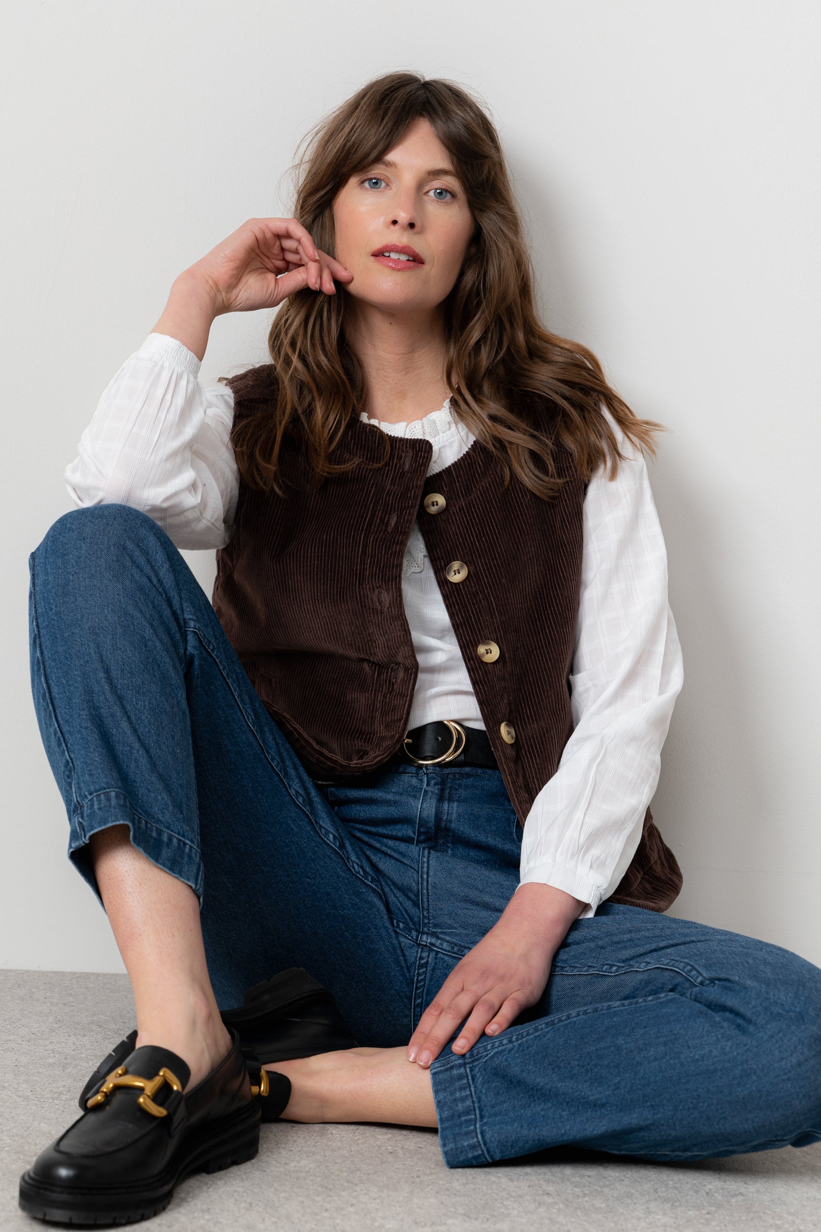 Lily & Me Dusk Stretch Cotton Jumbo Cord Gilet Chocolate Brown