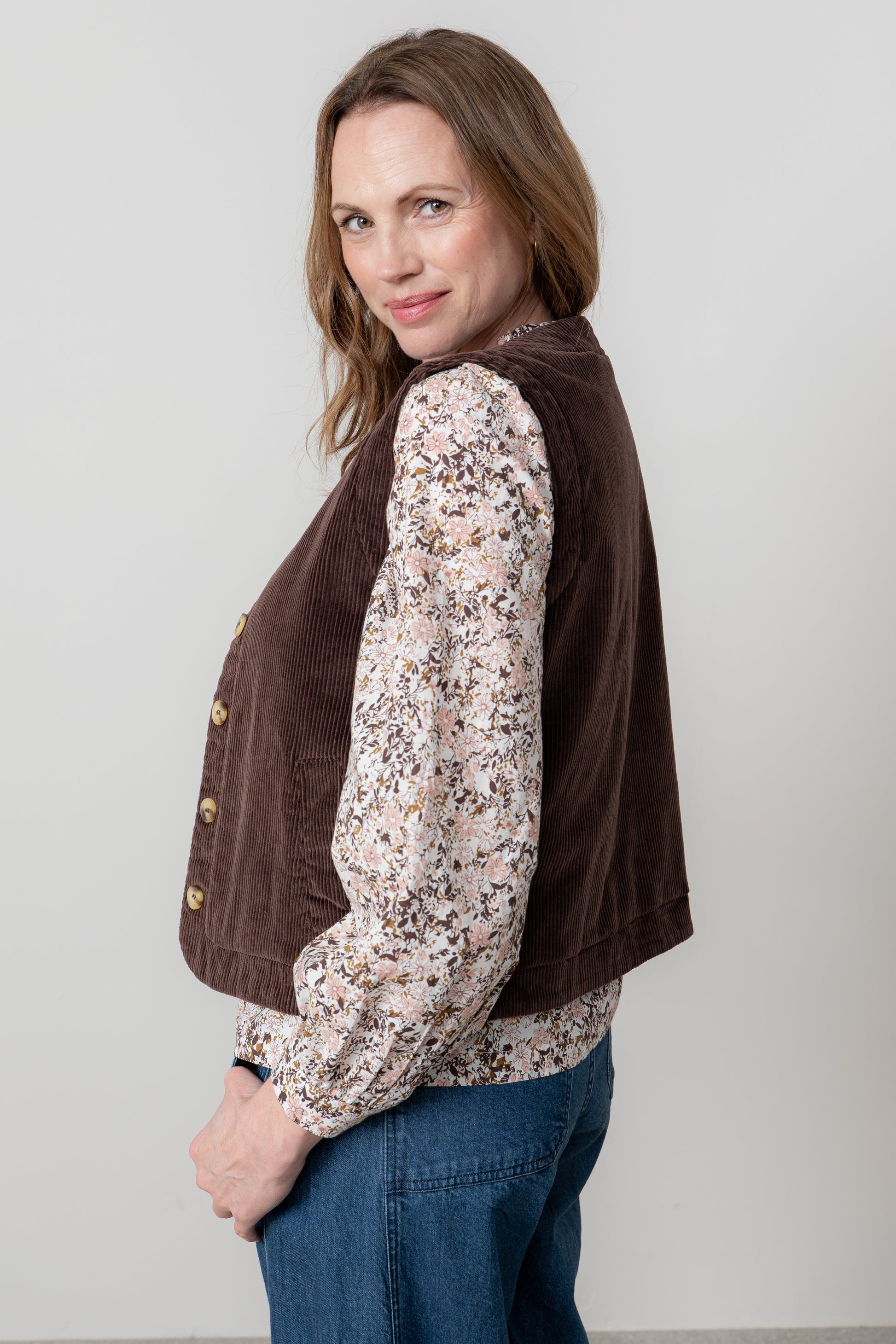 Lily & Me Dusk Stretch Cotton Jumbo Cord Gilet Chocolate Brown
