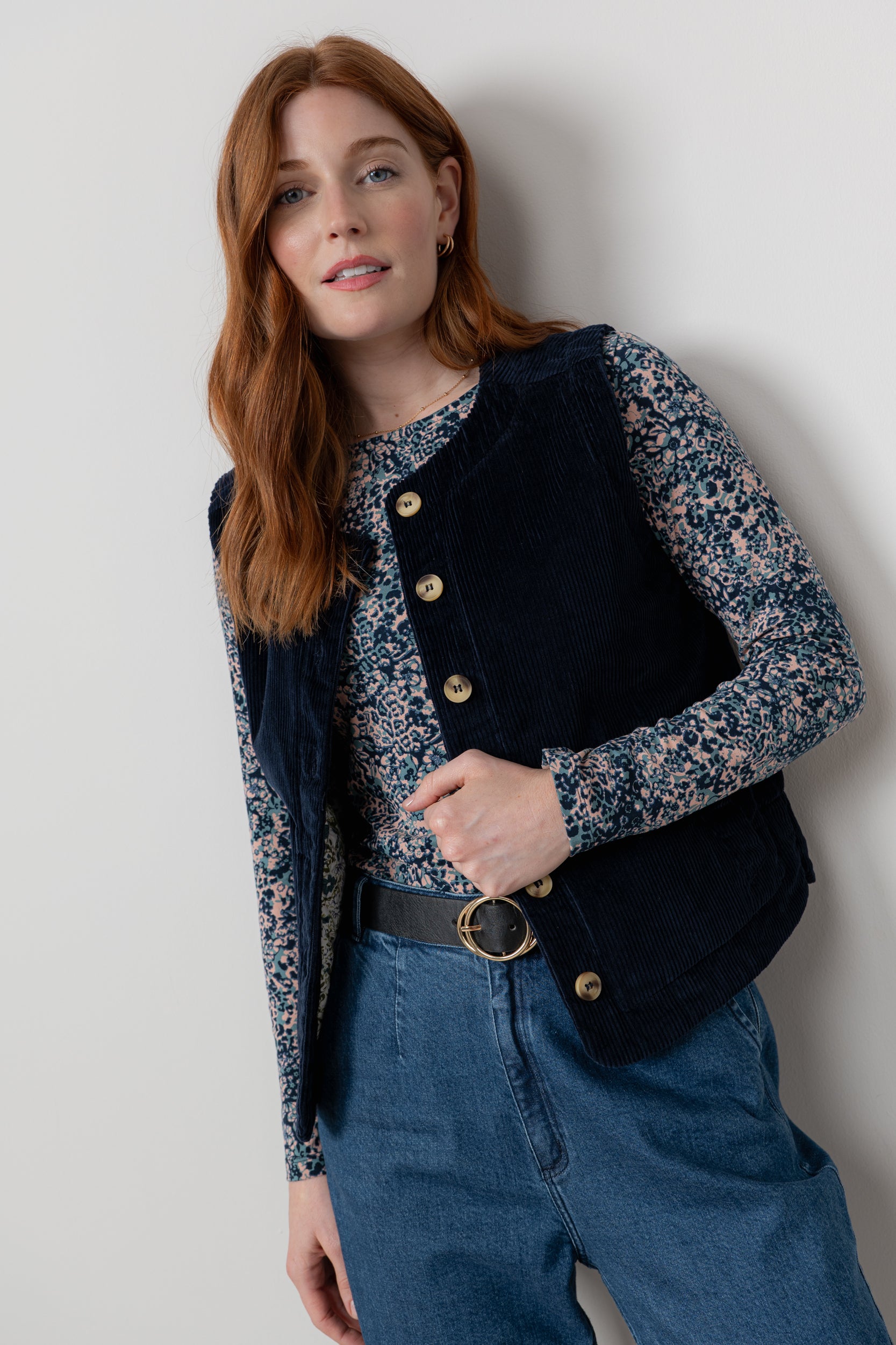Lily & Me Dusk Stretch Cotton Jumbo Cord Gilet Navy