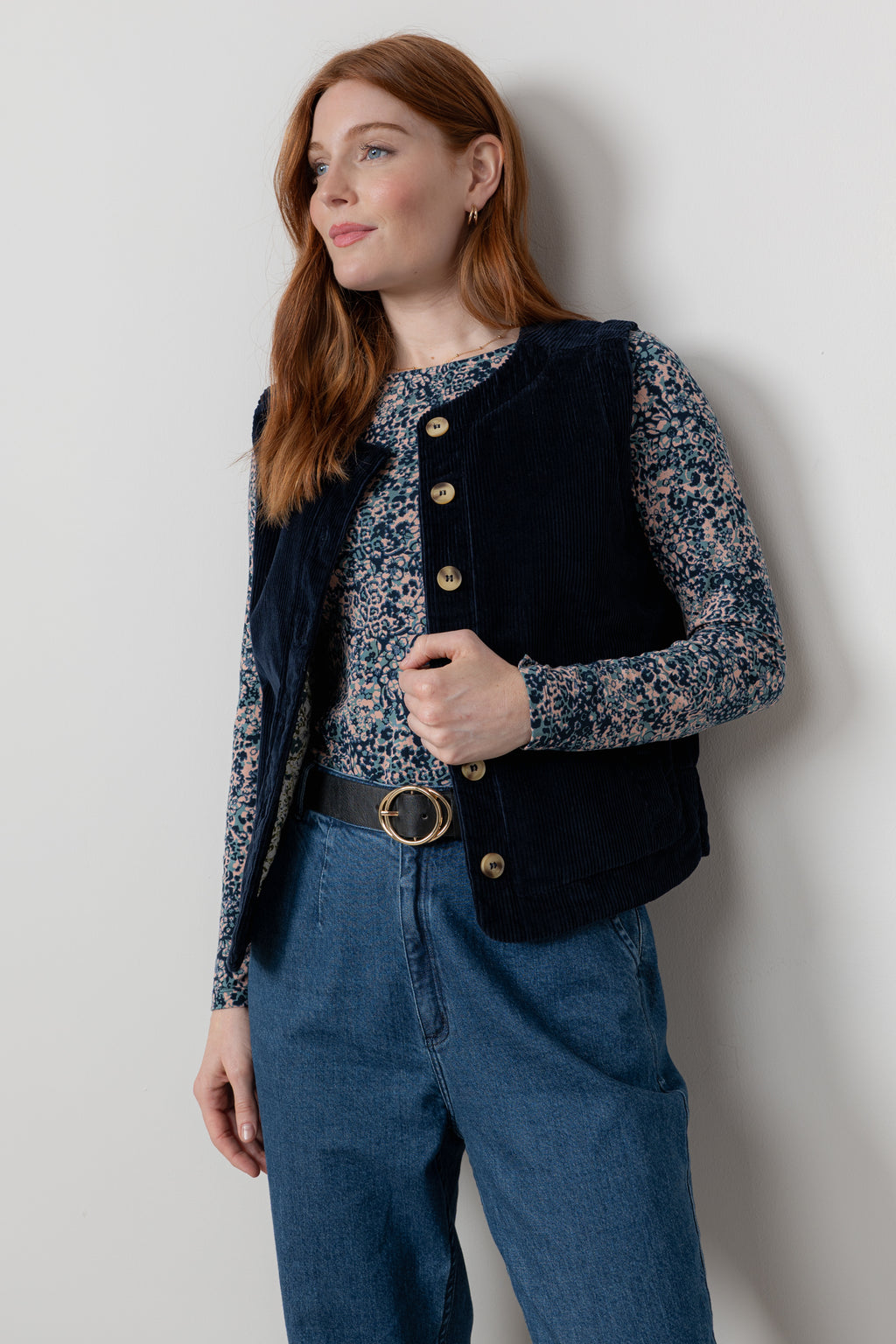 Lily & Me Dusk Stretch Cotton Jumbo Cord Gilet Navy